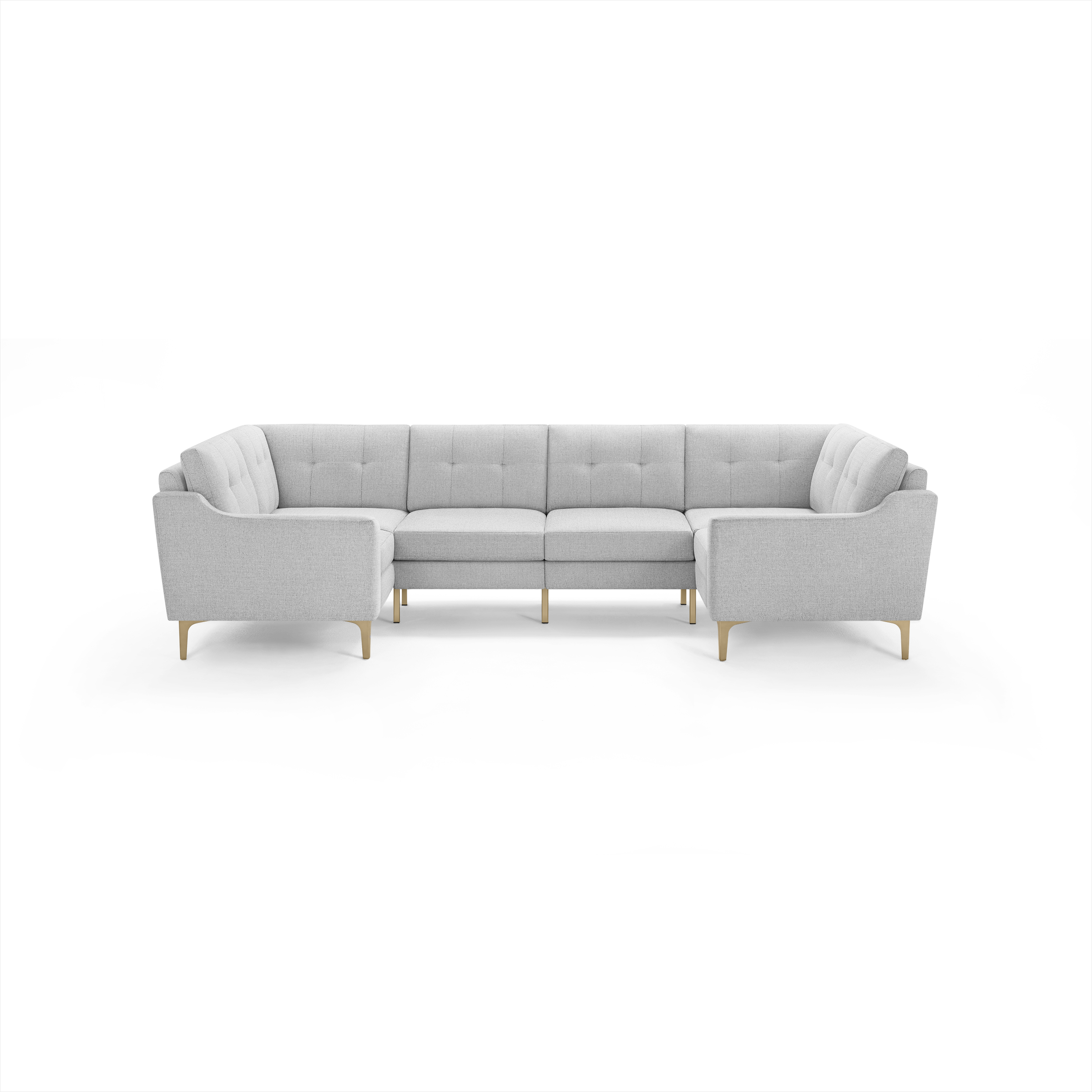 Light gray fabric U-shaped sectional sofa with tufted cushions and wooden legs, modern and spacious for living room seating.
