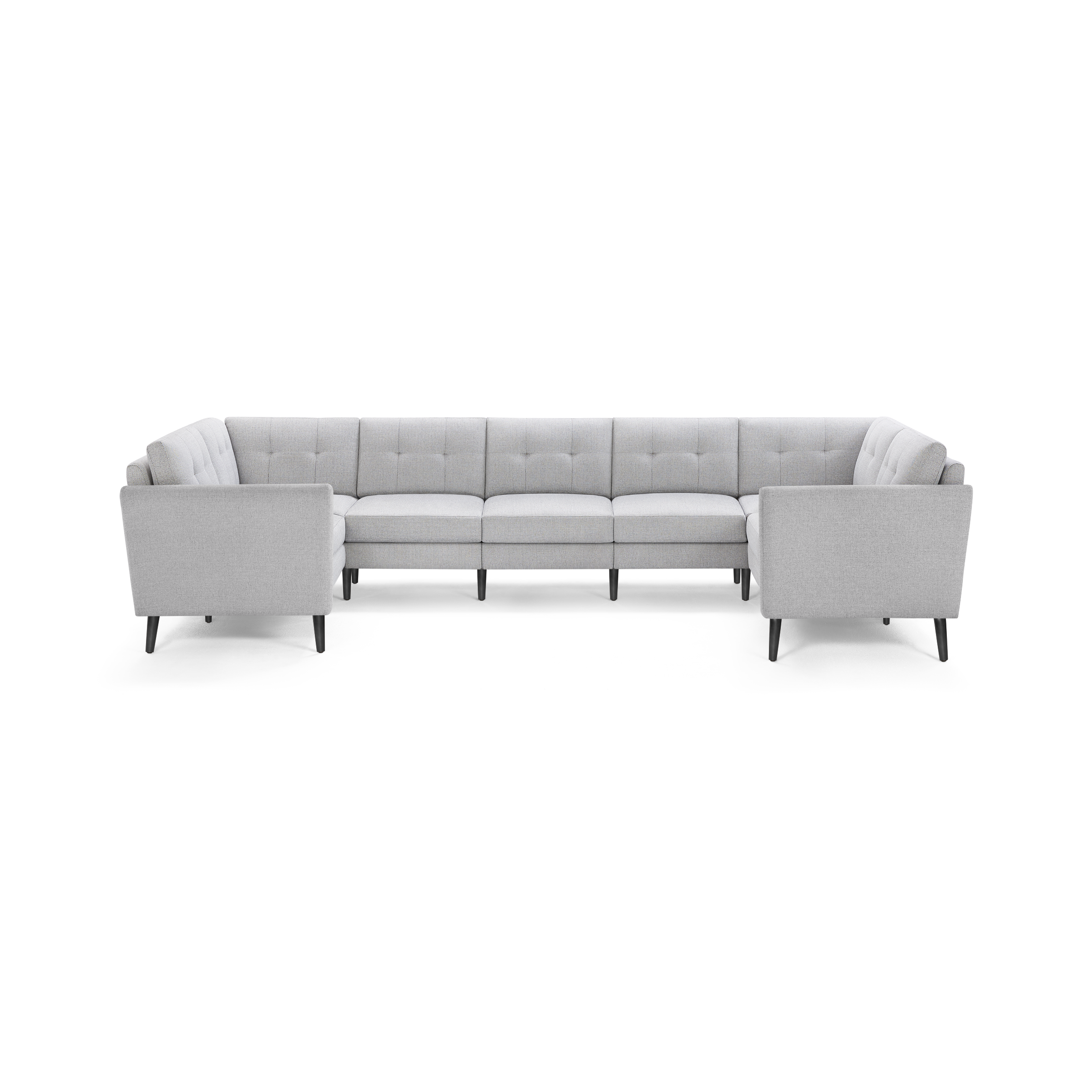 Light gray fabric L-shaped sectional sofa with tufted back cushions and black tapered legs, modern minimalist design.