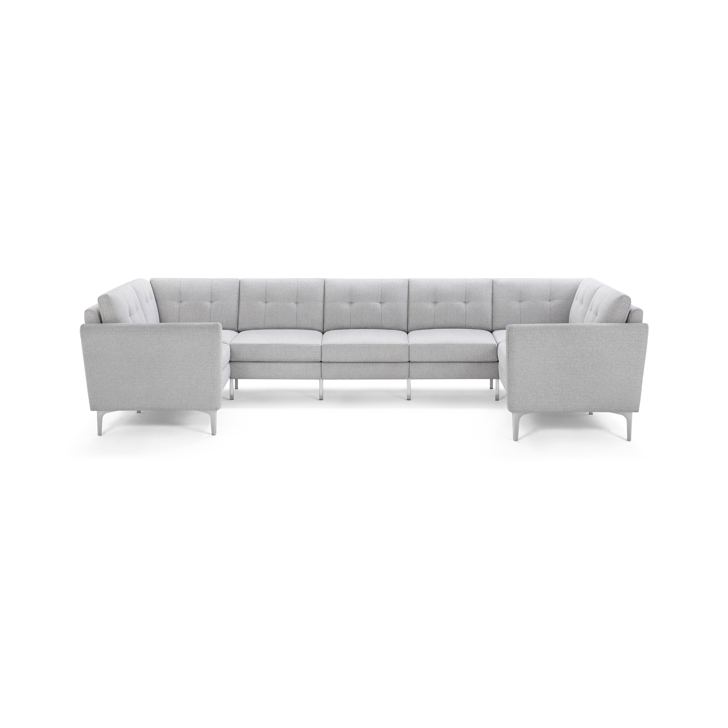 Light gray modern sectional sofa with tufted cushions, minimalist metal legs, and clean straight armrests in a U-shaped configuration.