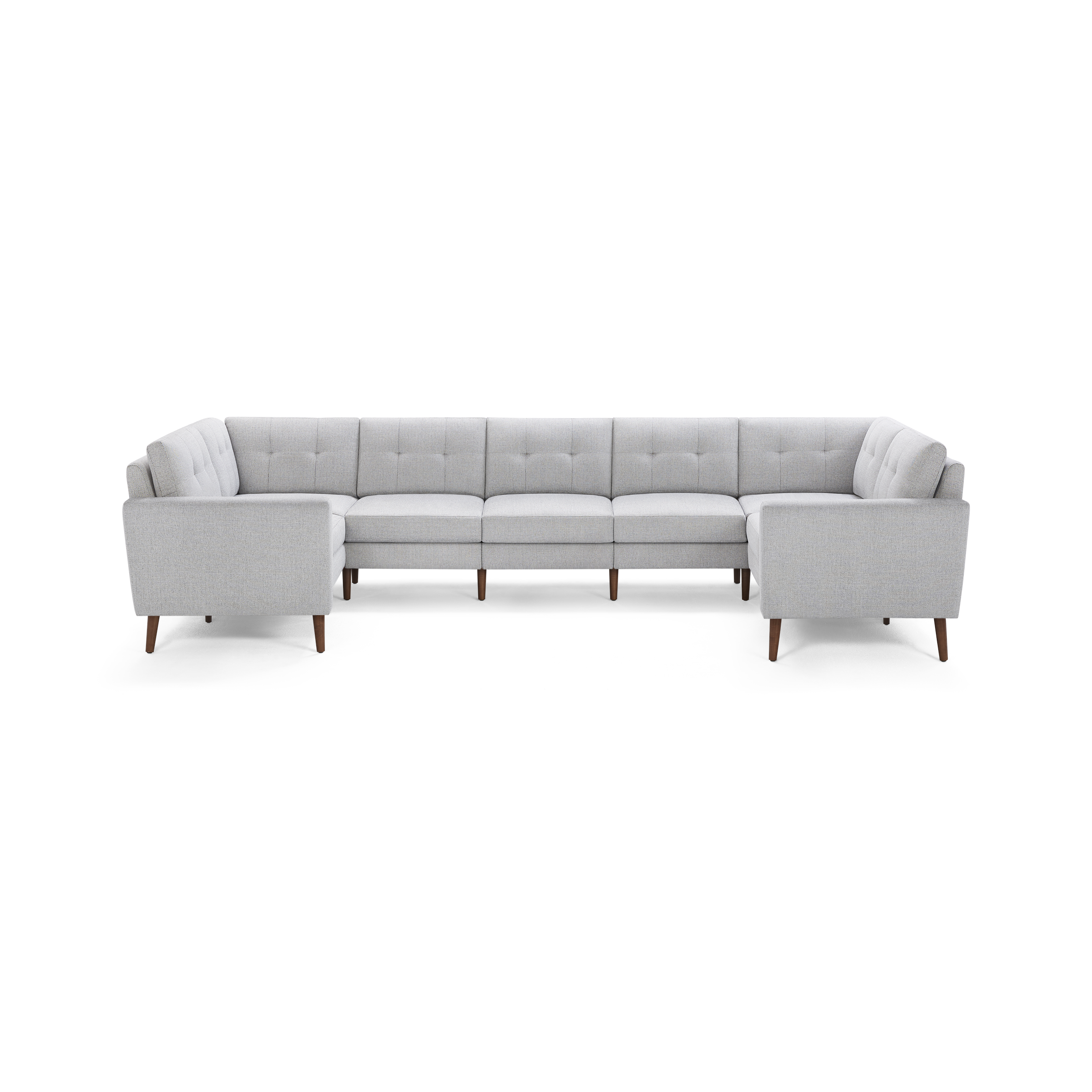 Light gray L-shaped sectional sofa with tufted cushions and wooden tapered legs, offering modern and spacious seating.