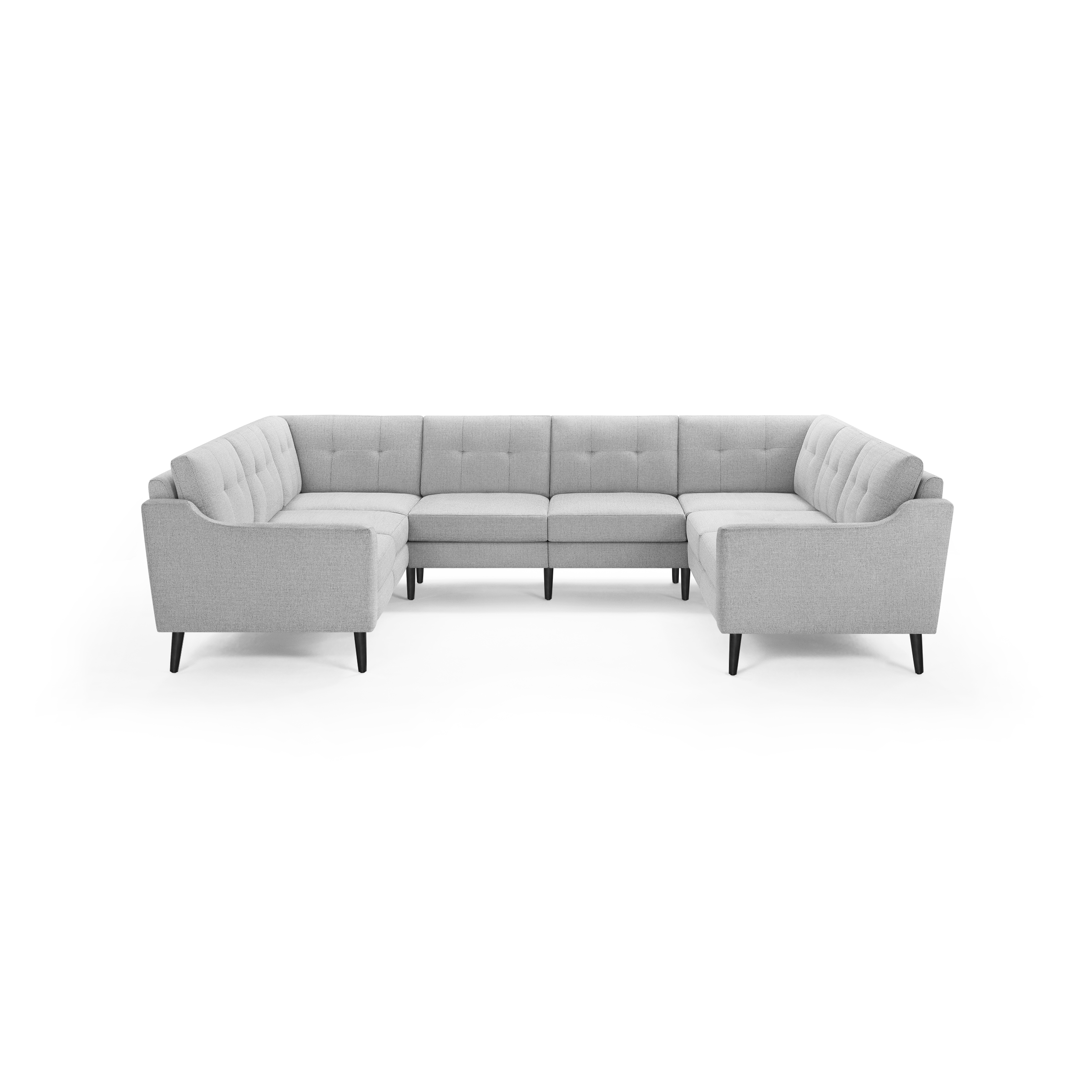 Light gray U-shaped sectional sofa with tufted cushions, wrap-around arms, and dark wooden tapered legs.