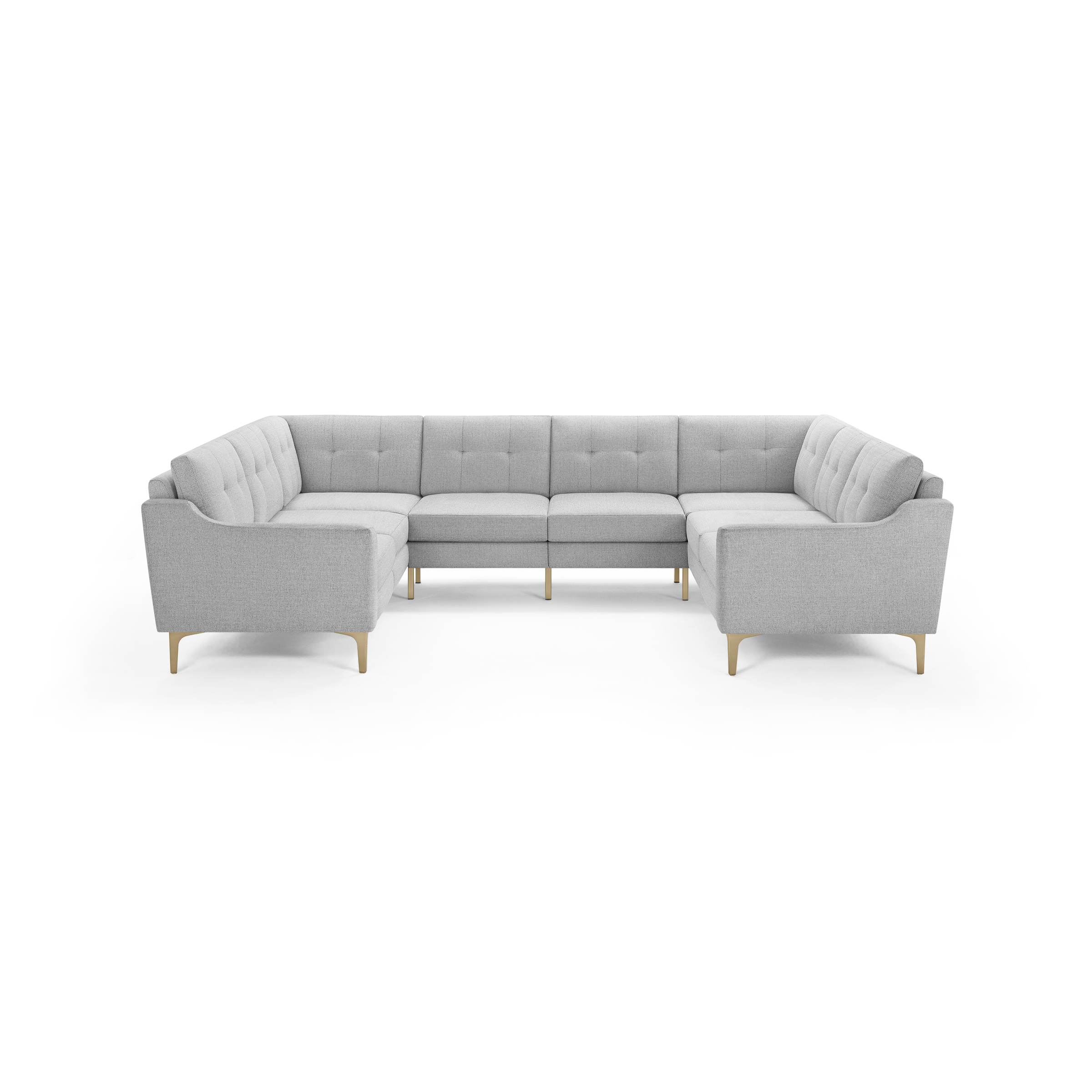 Light gray, tufted fabric sectional sofa with wooden legs, featuring a modern, clean-lined U-shaped design.