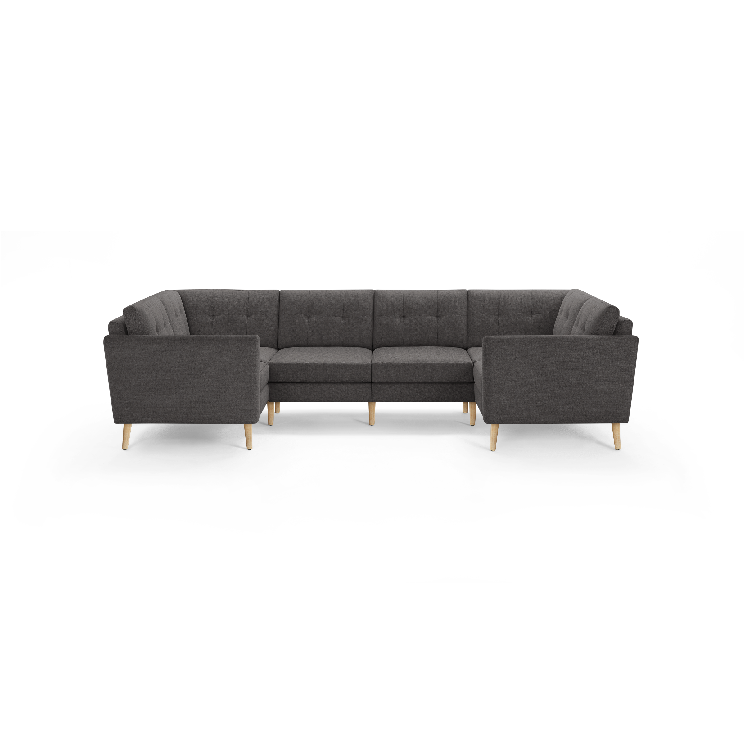 Dark gray fabric U-shaped sectional sofa with tufted back cushions and light wooden legs, designed for spacious seating.