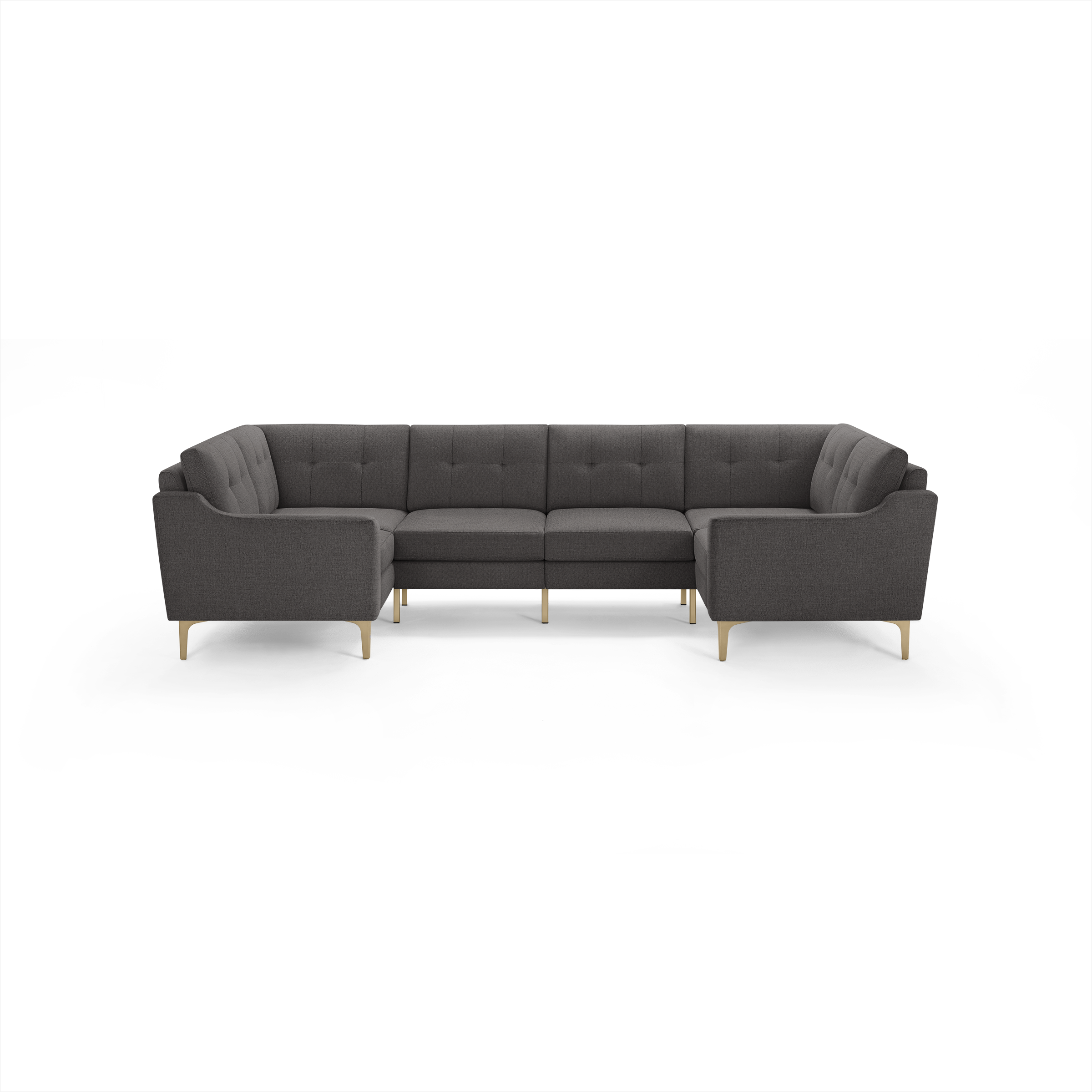 Dark gray upholstered L-shaped sectional sofa with tufted back cushions and light wooden legs.