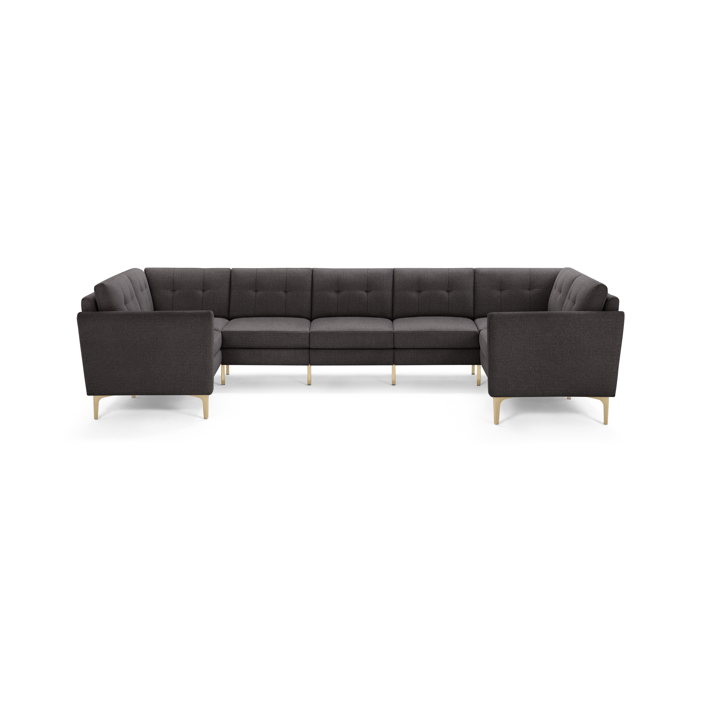 Dark gray L-shaped sectional sofa with tufted back cushions and light wood legs, modern and spacious design.