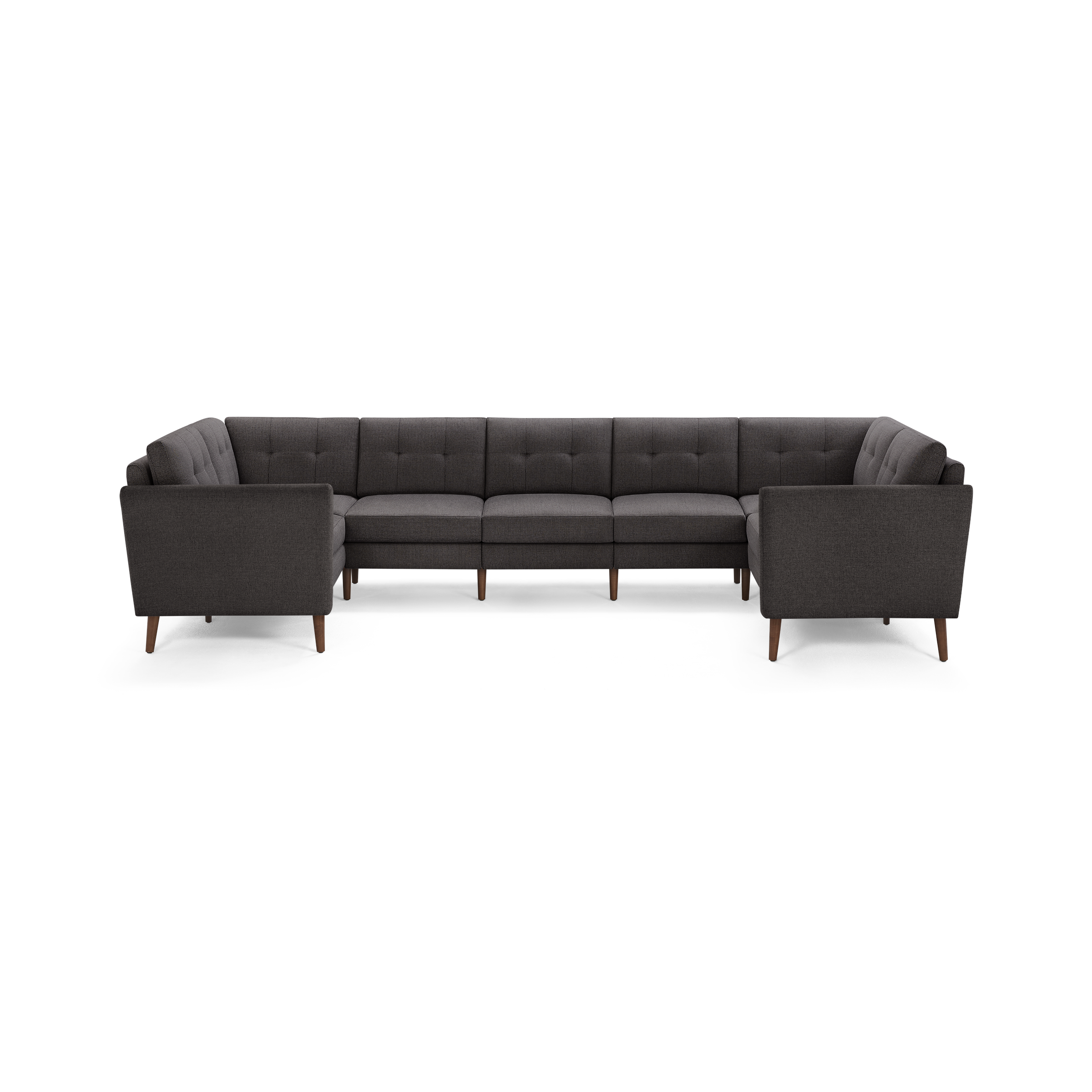 Dark gray tufted fabric sectional sofa with wooden tapered legs, modern design, and right and left armrests.