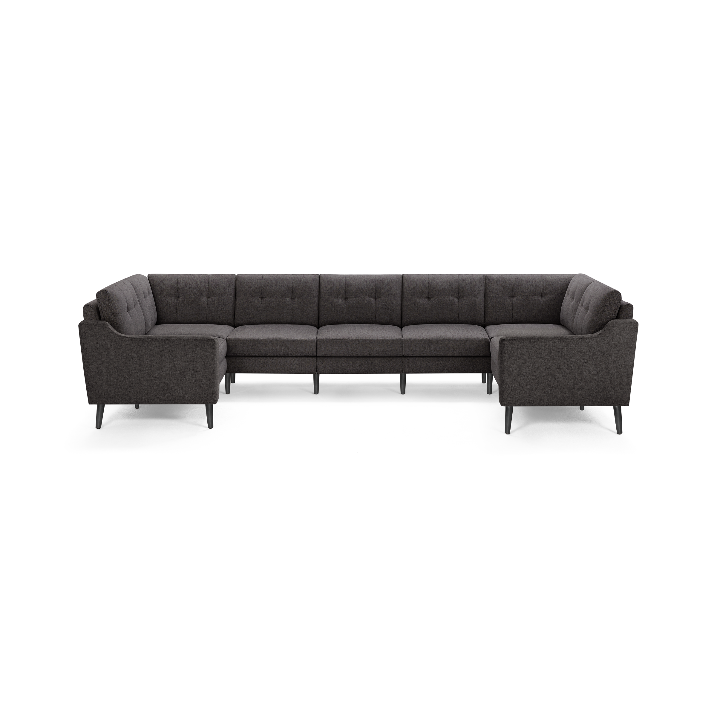 Dark gray L-shaped sectional sofa with tufted back cushions, slim armrests, and angled black legs, designed for modern living rooms.