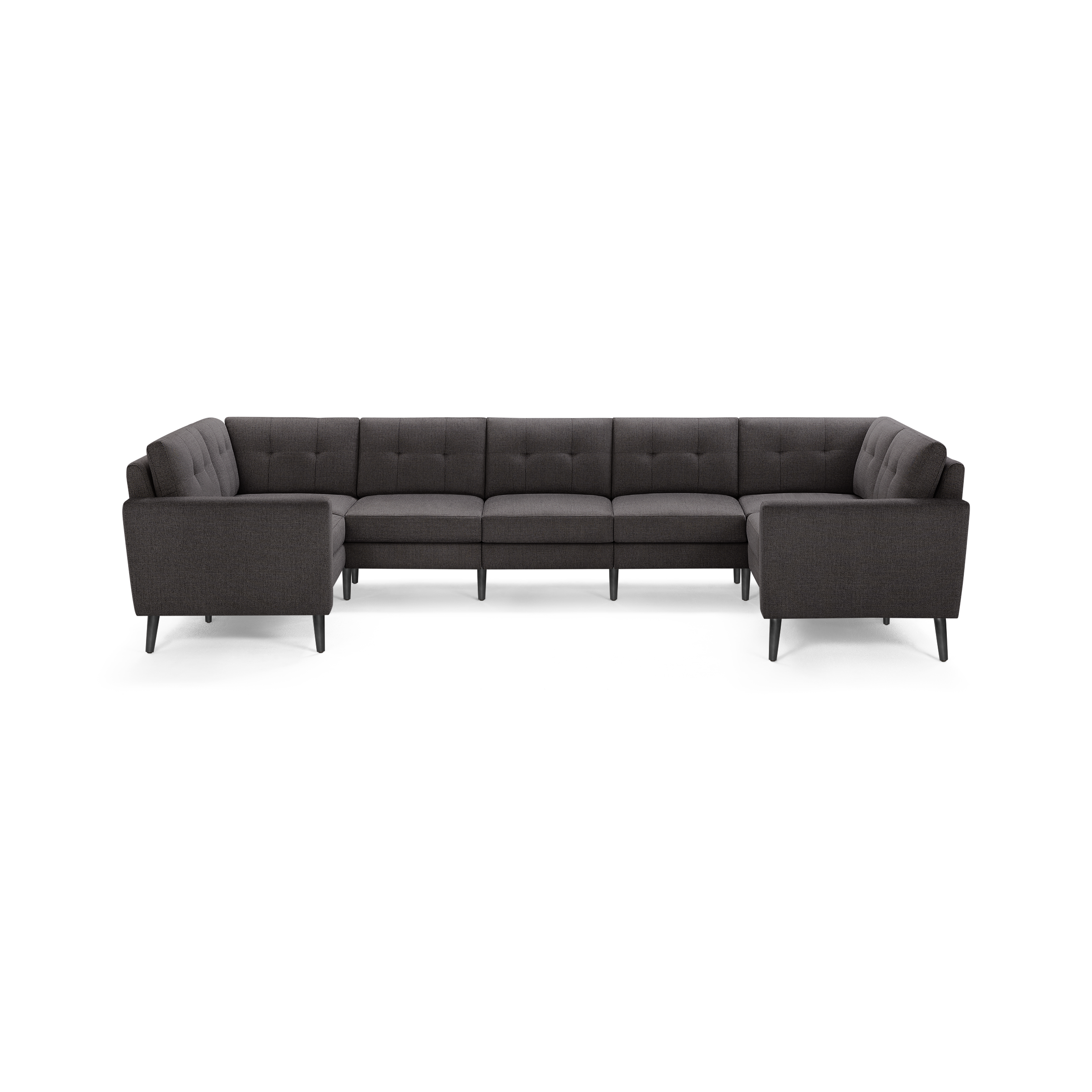 Dark gray fabric U-shaped sectional sofa with tufted backrest and black tapered legs, modern design.