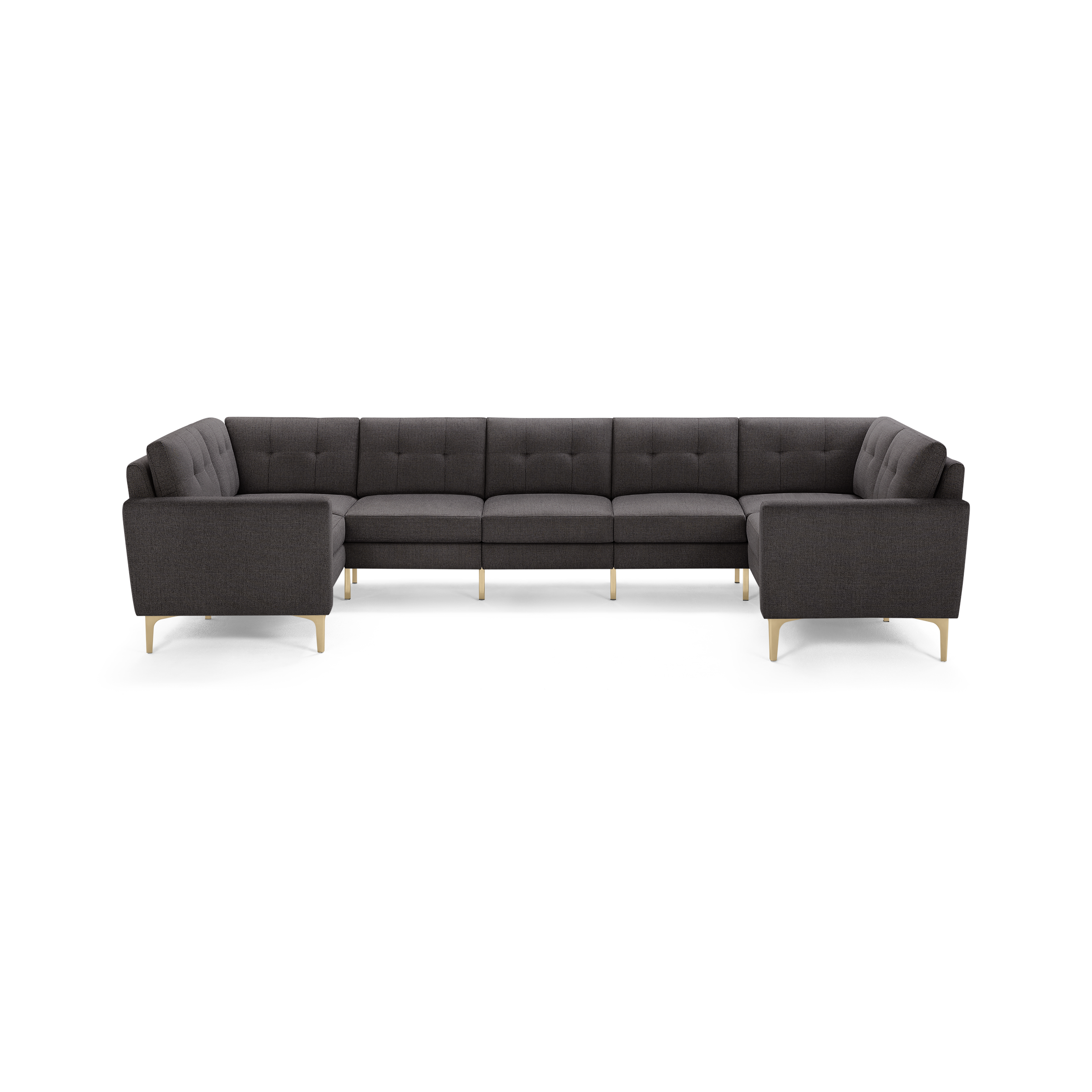 Dark gray fabric sectional sofa with tufted back cushions, straight armrests, and light wooden legs in a U-shaped design.