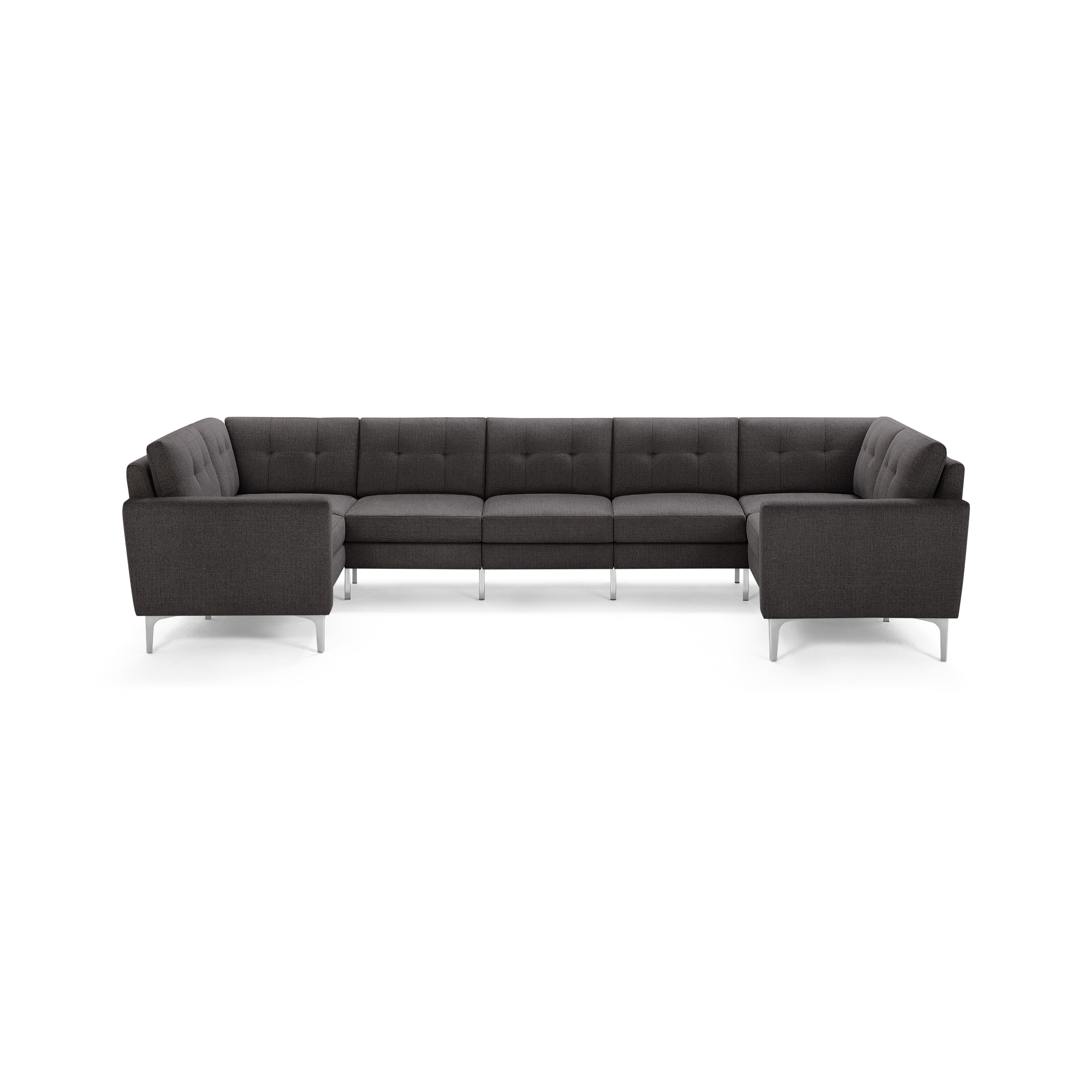 Dark gray L-shaped sectional sofa with tufted back cushions and slim metal legs, designed for modern living spaces.