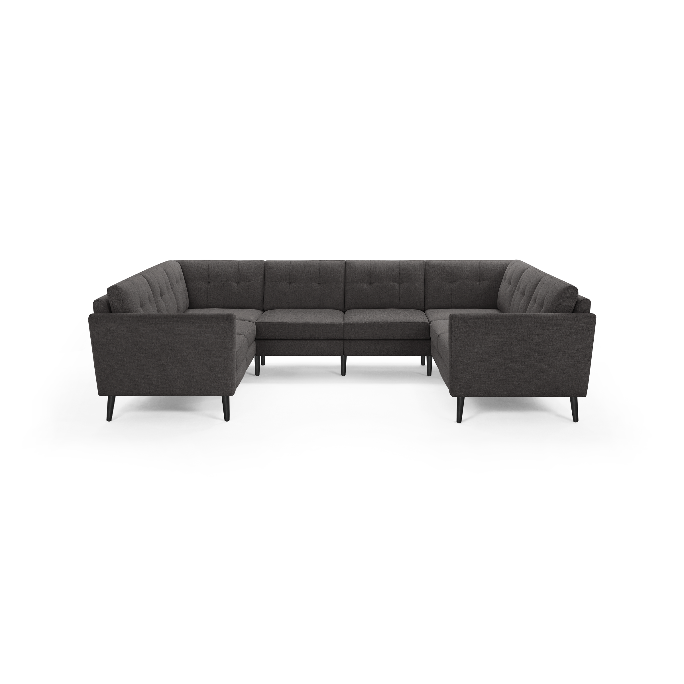 Dark gray fabric U-shaped sectional sofa with tufted back cushions and black tapered wooden legs.