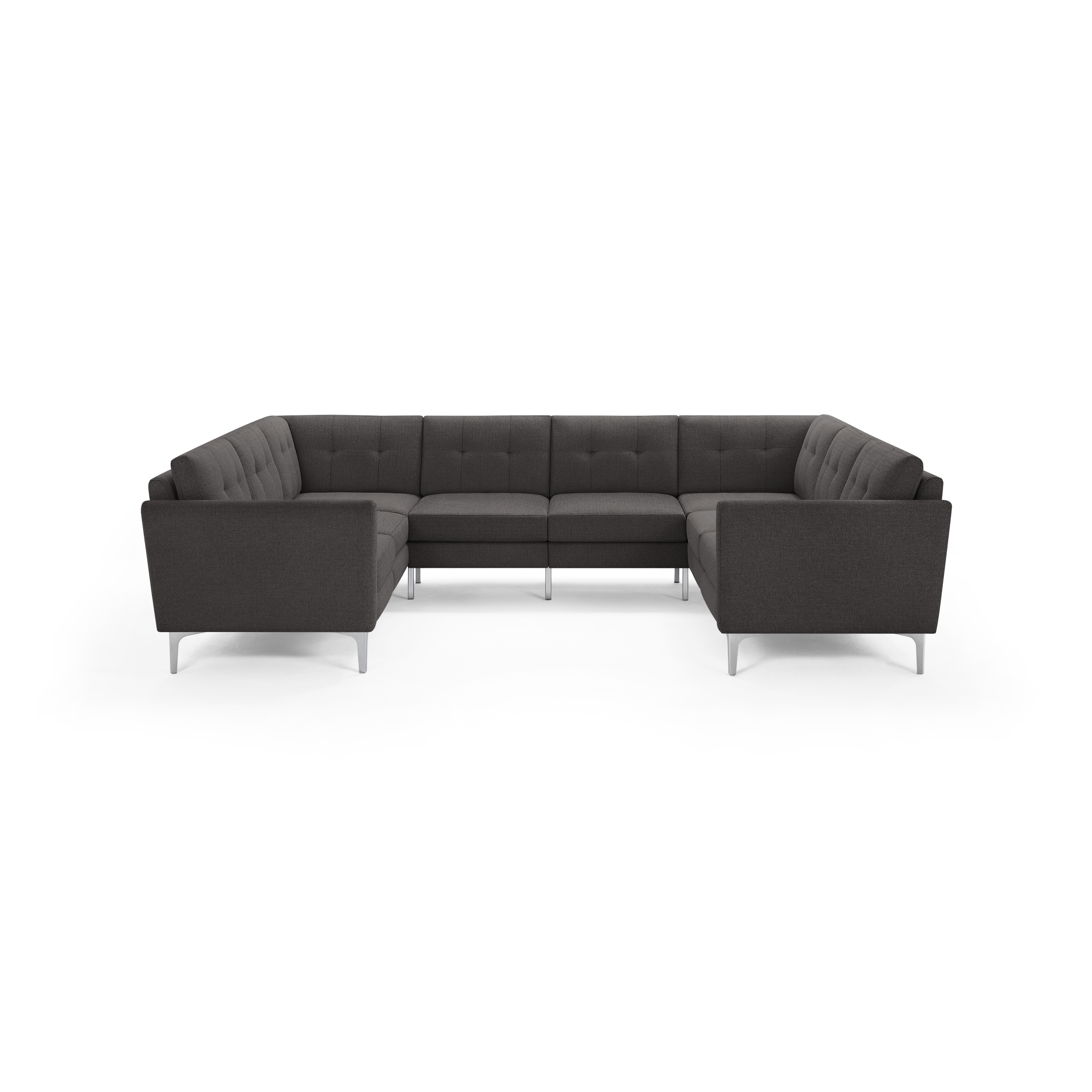 Modern U-shaped sectional sofa with dark gray fabric upholstery, button-tufted cushions, and sleek silver metal legs.