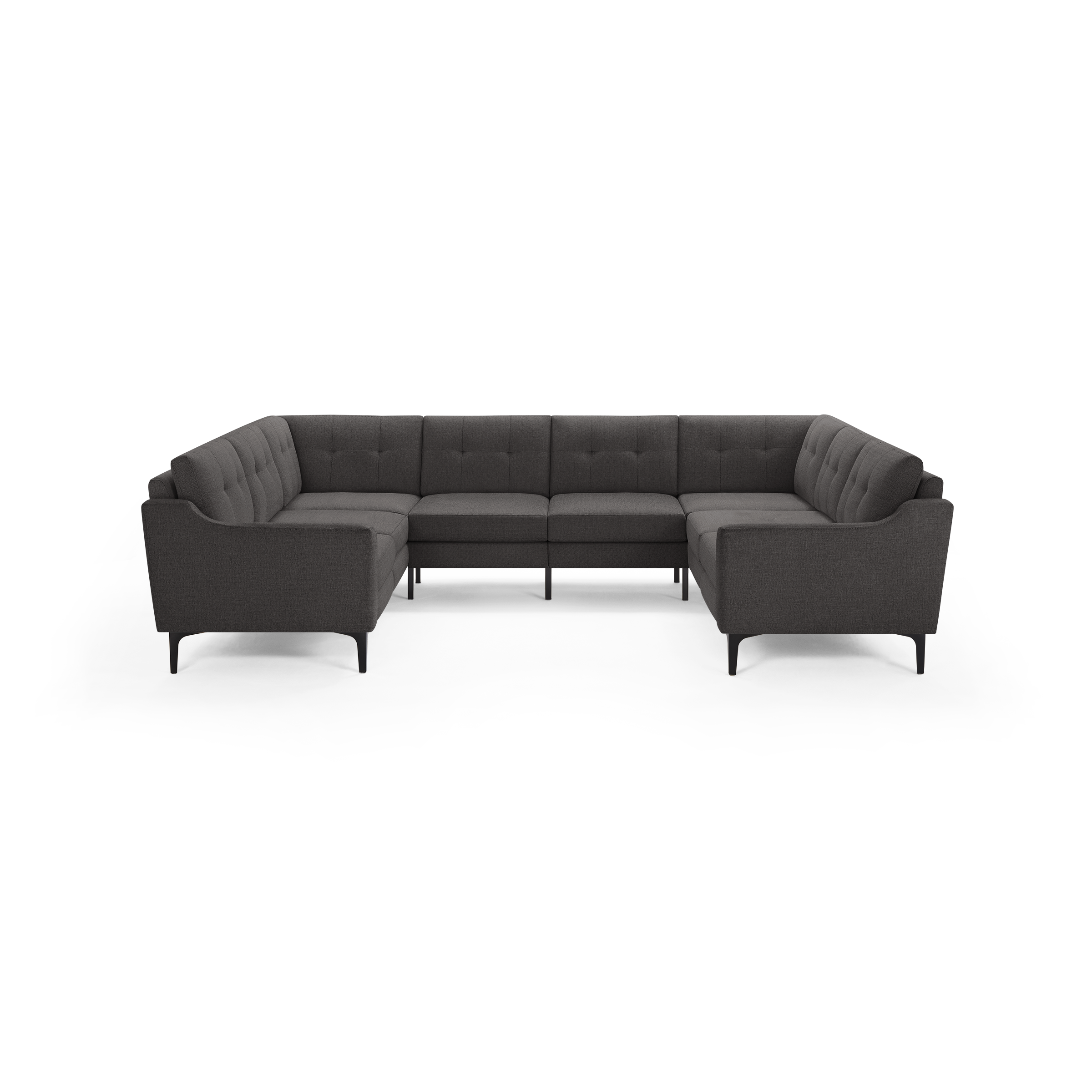 Dark gray modern sectional sofa with tufted cushions, curved armrests, and slim black legs, designed for spacious seating.