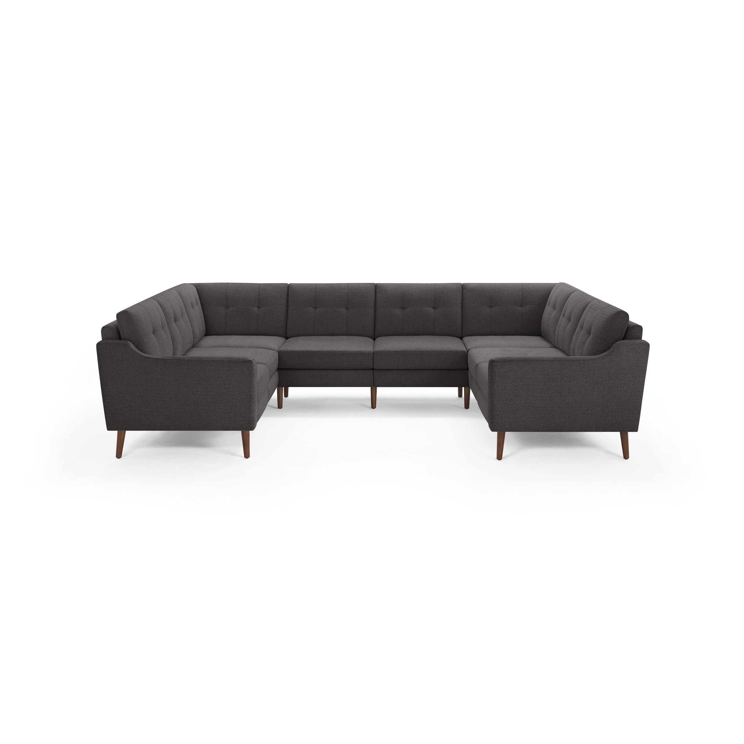 Dark gray U-shaped sectional sofa with tufted back cushions and wooden legs, designed for spacious and comfortable seating.