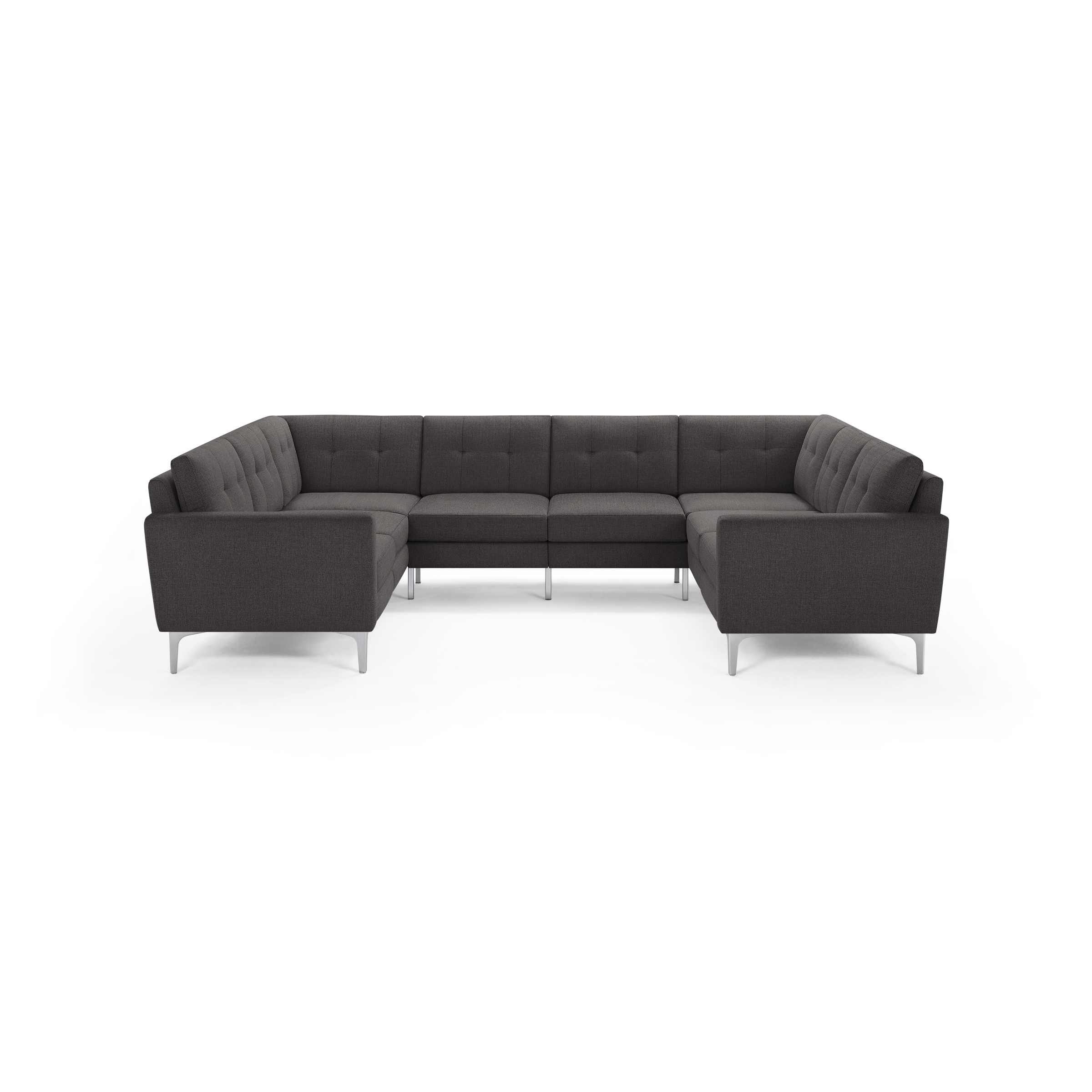 Dark gray modern U-shaped sectional sofa with tufted back cushions, sleek armrests, and silver metal legs.