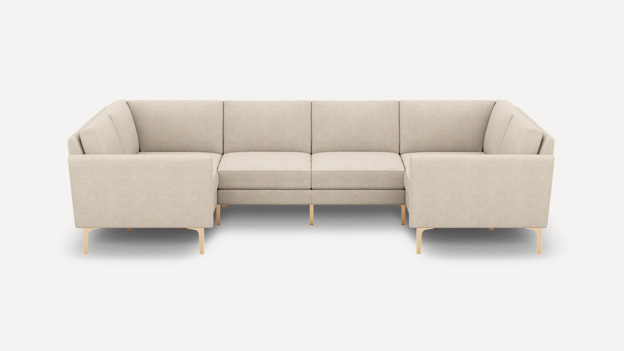 Beige L-shaped sectional sofa with clean lines, cushioned seats, and gold metal legs on a plain white background.
