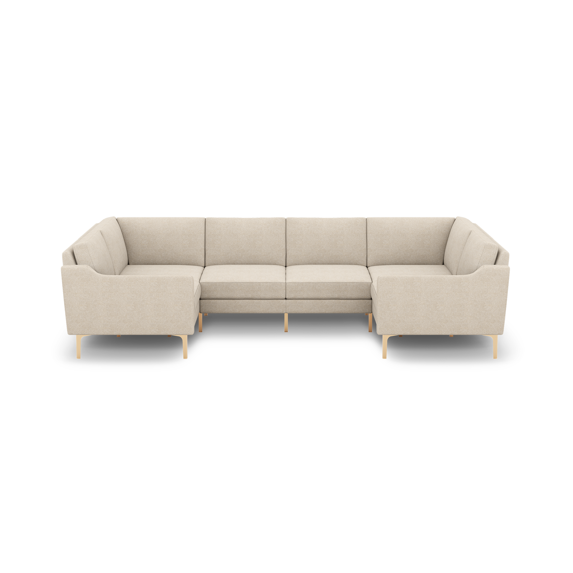 Modern beige fabric sectional sofa with clean lines, cushioned seats, and light wood legs, arranged in a U-shape.
