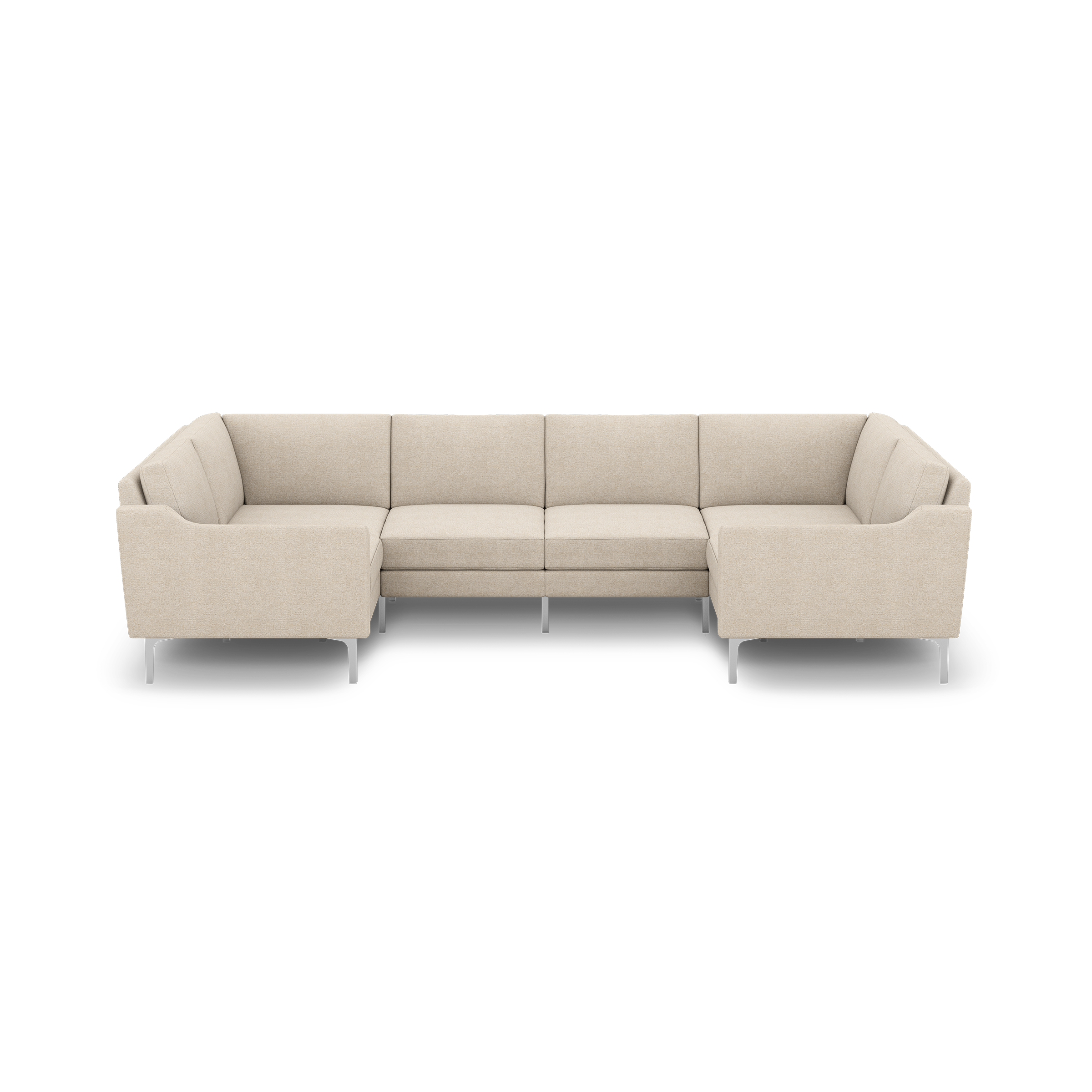 Modern beige fabric sectional sofa with clean lines, raised on slim metal legs, designed for ample seating and comfort.