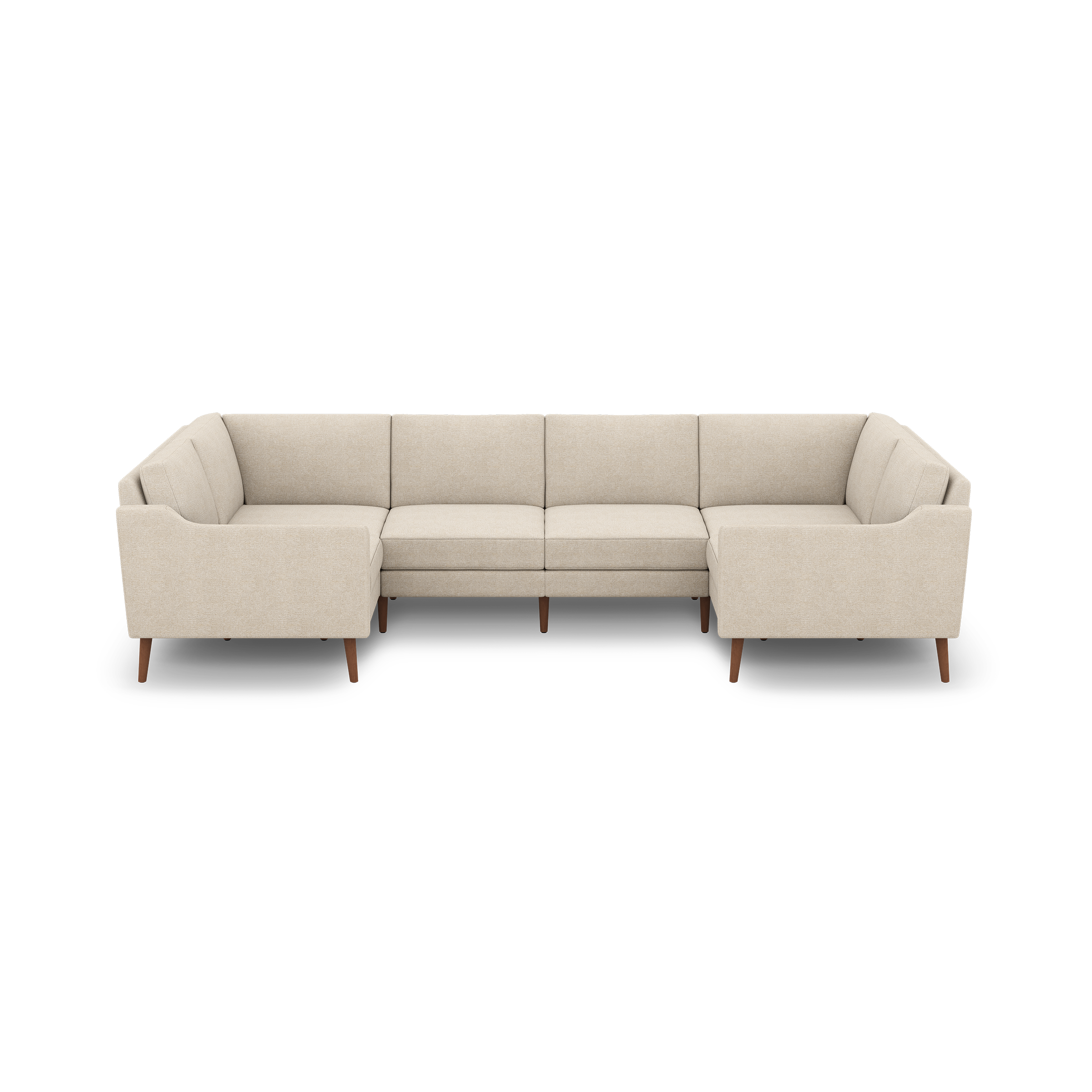 Beige sectional sofa with tufted cushions, wooden legs, and a modern L-shape design, suitable for spacious living rooms.