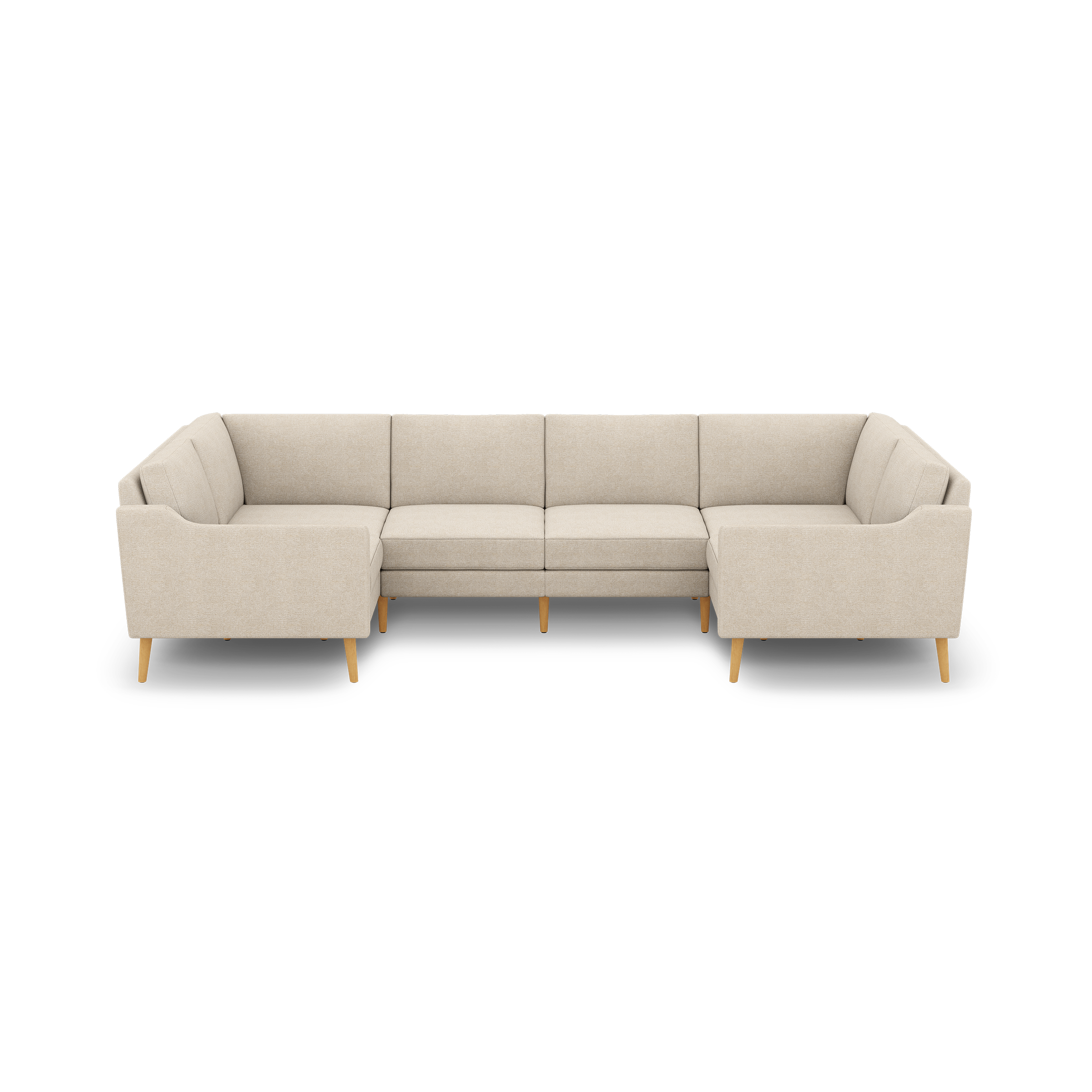 Beige fabric U-shaped sectional sofa with wooden legs, featuring clean lines and cushioned seats and backrests.