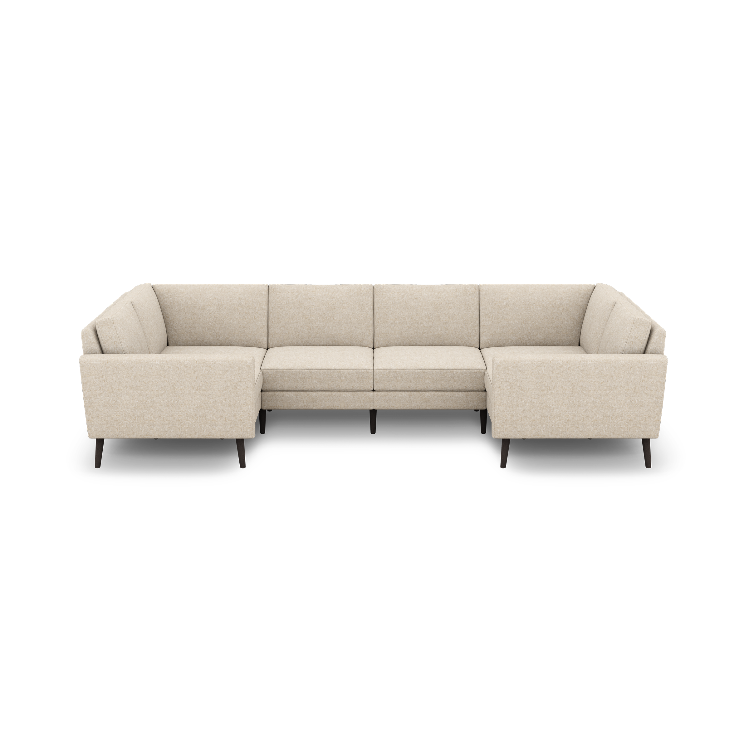 Beige fabric U-shaped sectional sofa with clean lines, tufted cushions, and dark wooden legs on black background.
