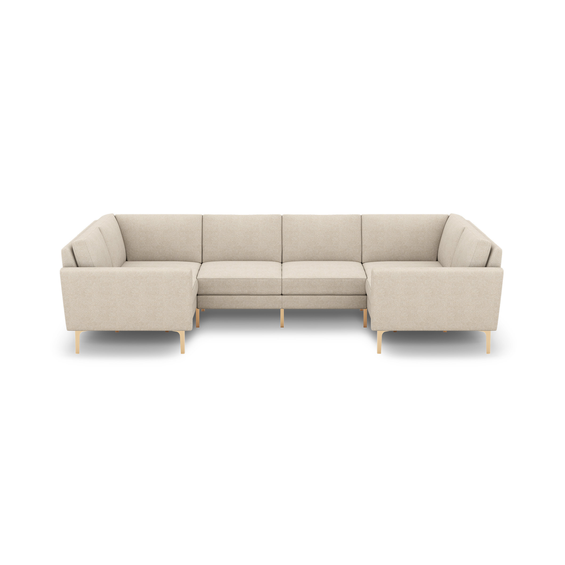 Beige modern U-shaped sectional sofa with clean lines, plush cushions, and slender gold legs on a black background.