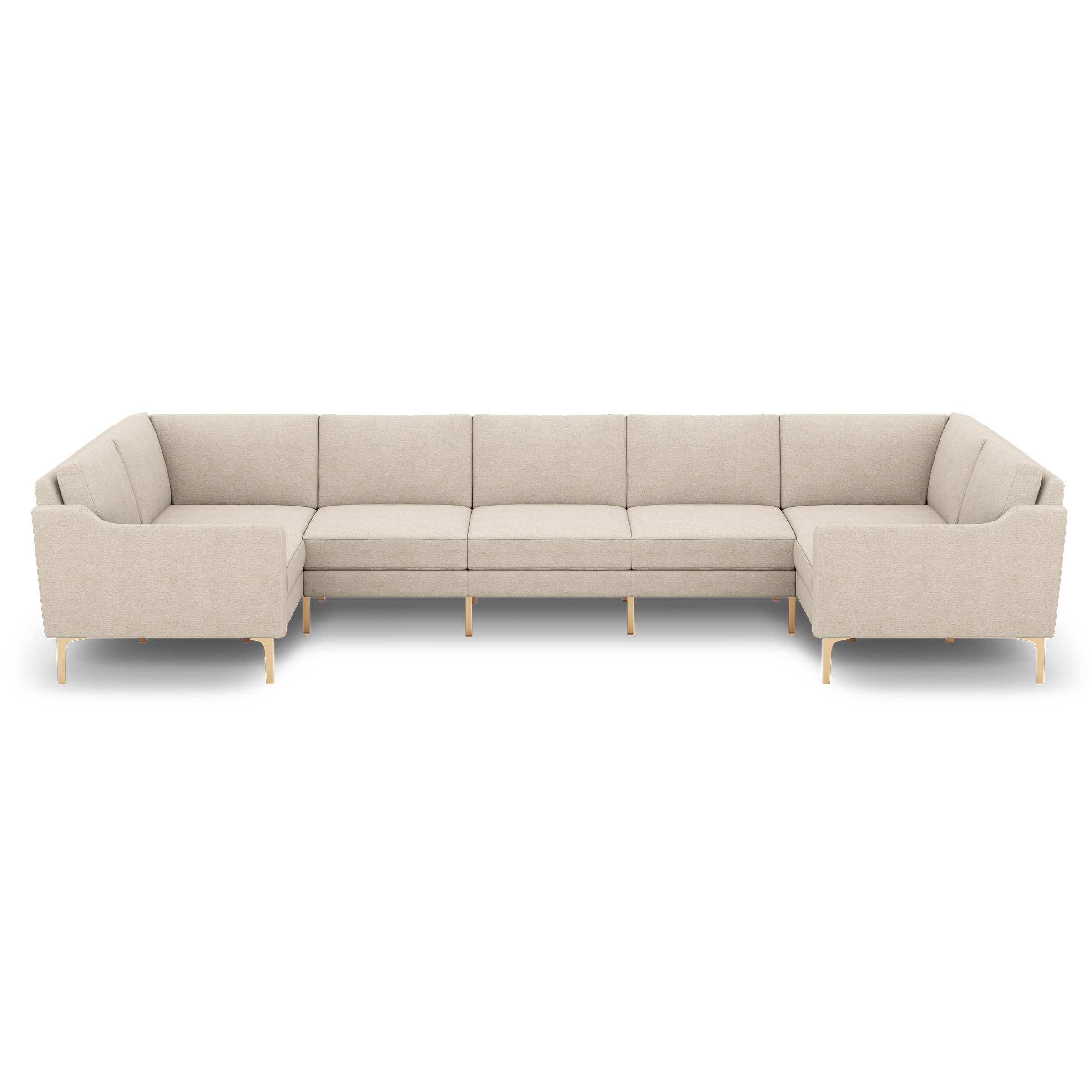 Large modern U-shaped beige sectional sofa with clean lines, cushioned seats, and light wood legs, designed for spacious living rooms.