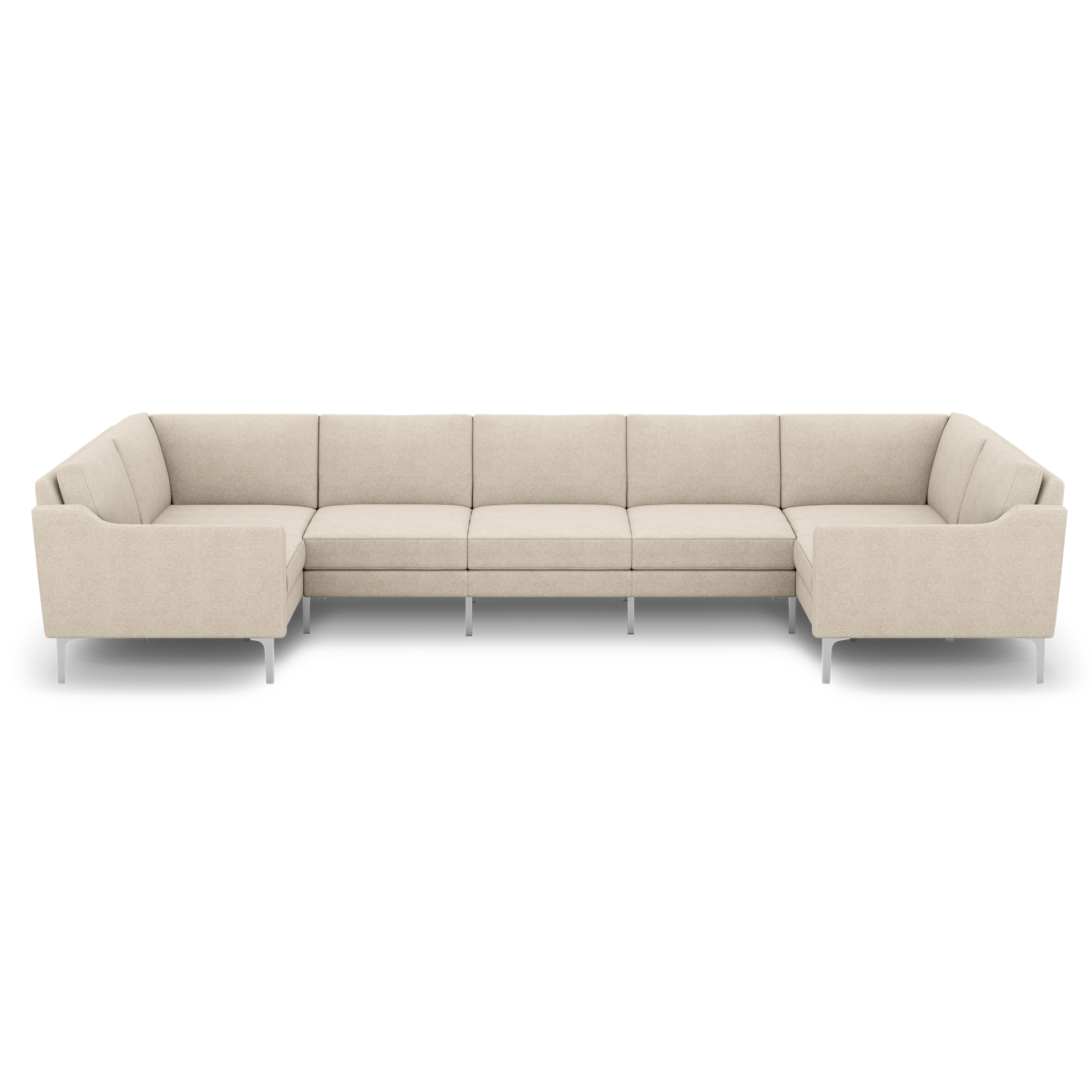 Beige U-shaped sectional sofa with clean lines, cushioned seats, high backrests, and slim silver metal legs on black background.