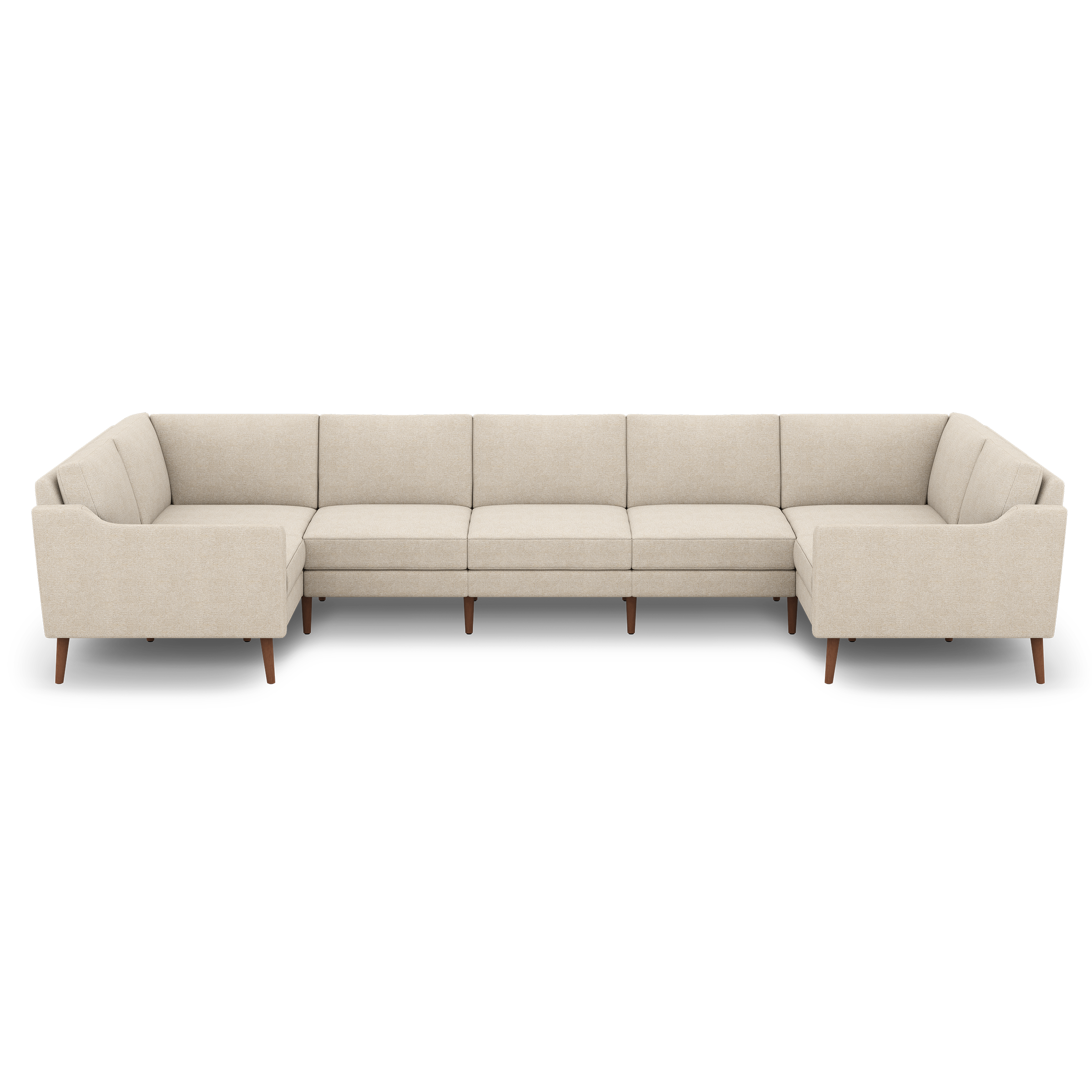 Large U-shaped sectional sofa in beige fabric with wooden legs, featuring clean lines and cushioned seating.