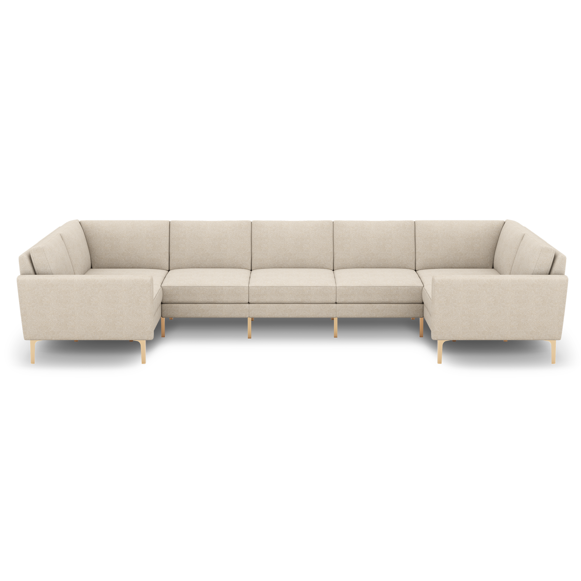 Large beige fabric sectional sofa with clean lines, square arms, cushioned seats, and light wooden legs, designed for modern living spaces.