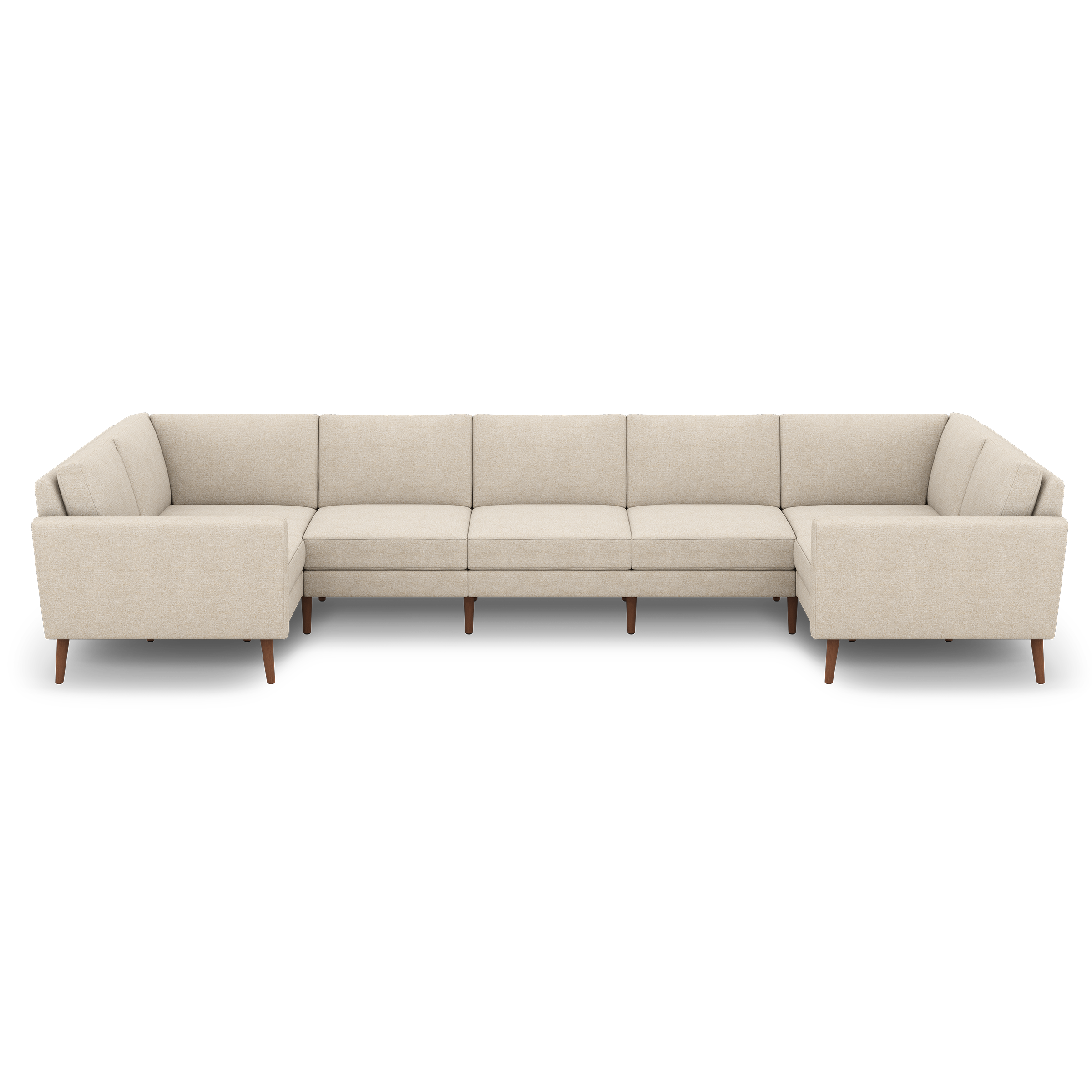 Large U-shaped beige fabric sectional sofa with straight arms, tufted back cushions, and wooden tapered legs.