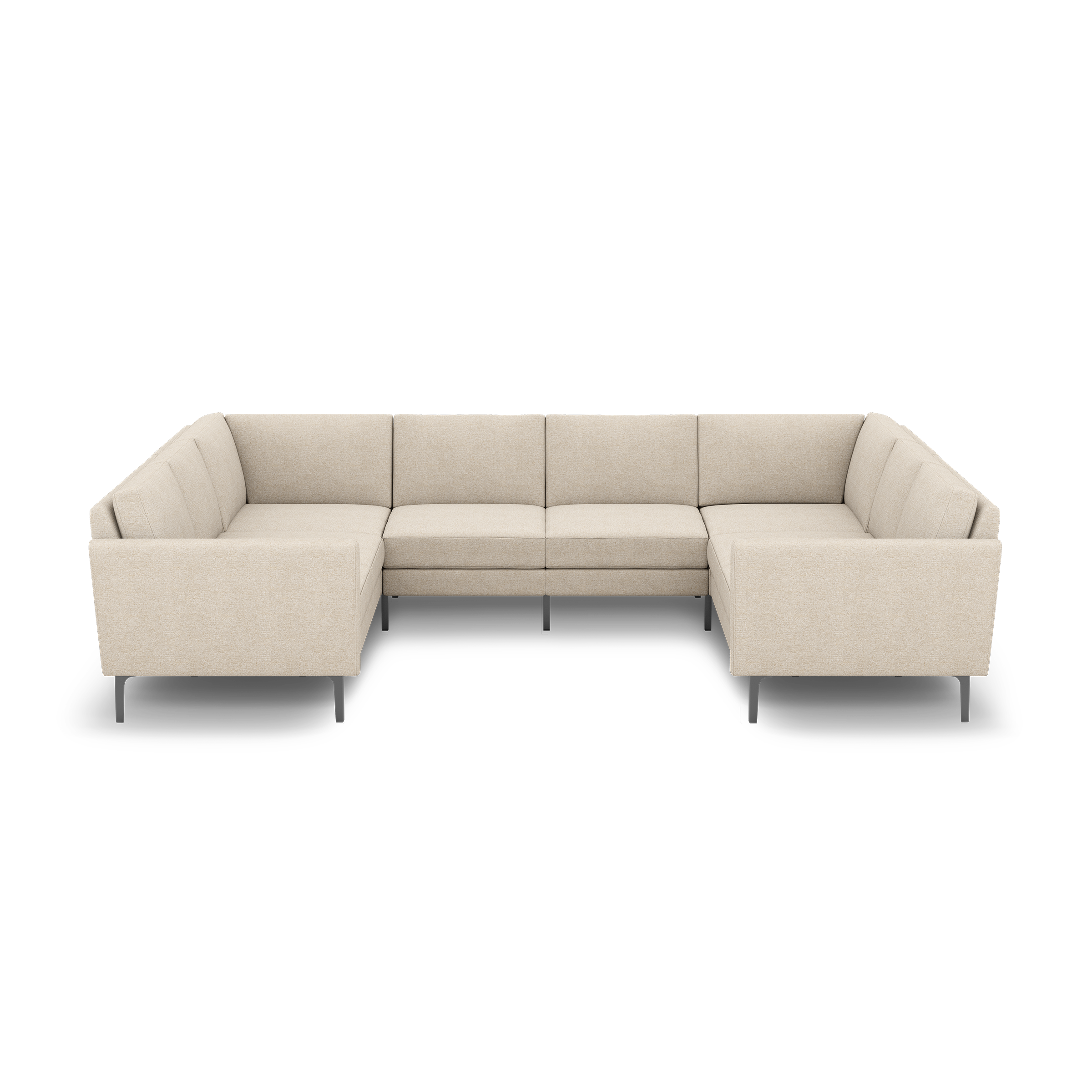 Modern beige fabric U-shaped sectional sofa with clean lines and black metal legs, designed for spacious seating and comfort.