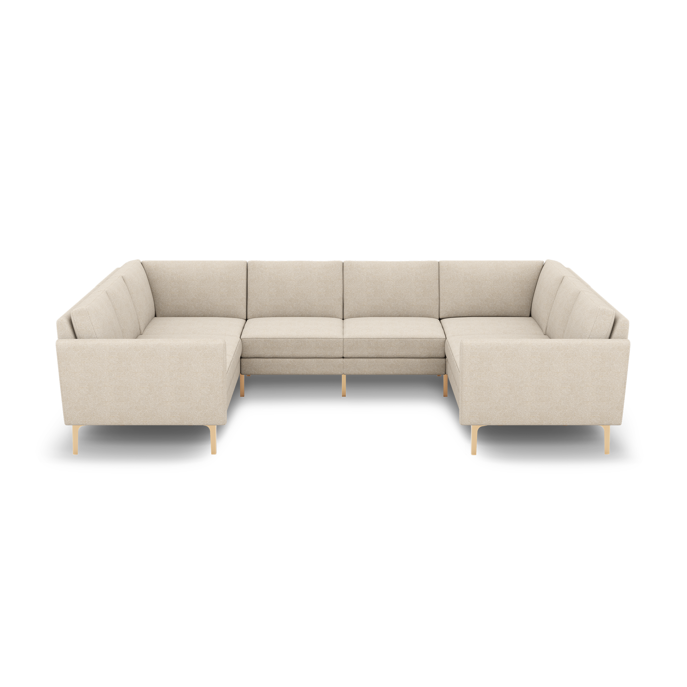 Beige fabric U-shaped sectional sofa with clean lines, tufted back cushions, and light wooden legs against black background.