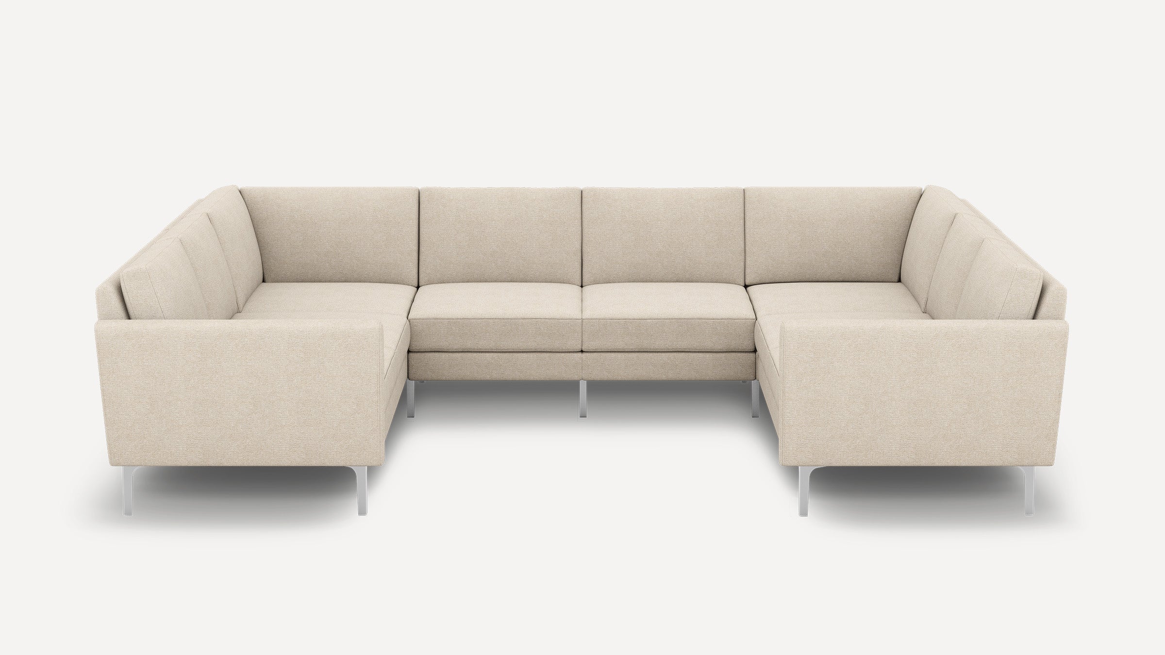 Modern beige fabric sectional sofa with clean lines, square armrests, and metal legs, designed for spacious living rooms.