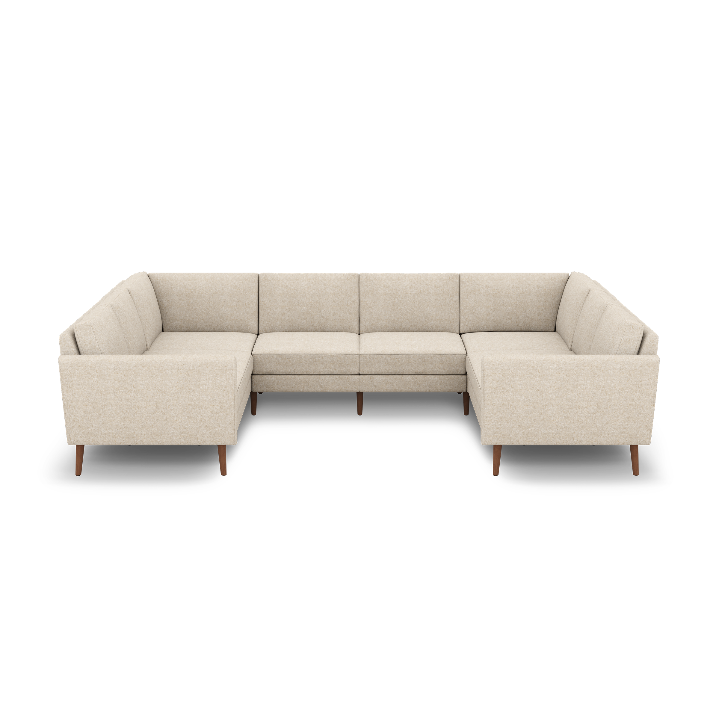 Beige fabric U-shaped sectional sofa with wooden tapered legs and cushioned backs and seats on black background.
