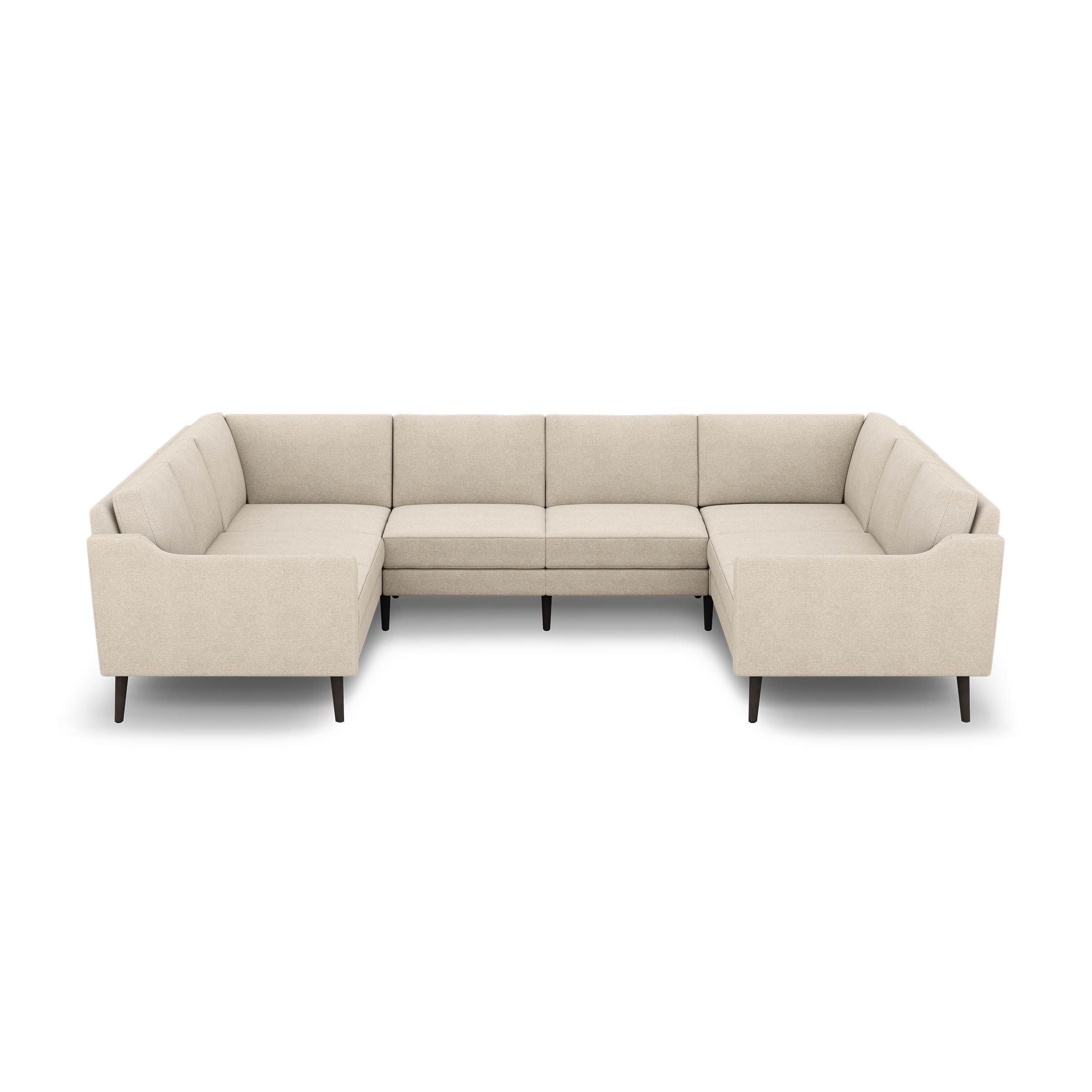 Beige L-shaped sectional sofa with tufted cushions, straight armrests, and dark tapered wooden legs, shown on black background.