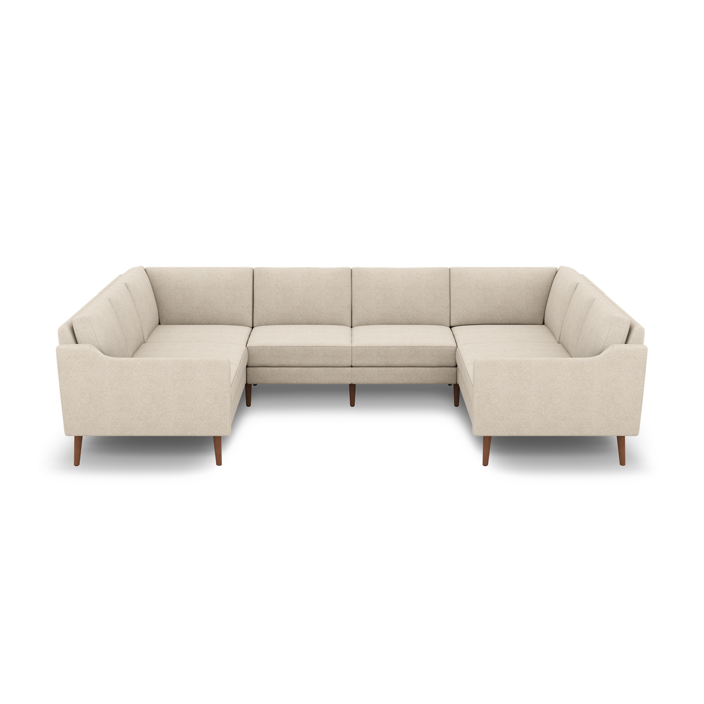 Beige L-shaped sectional sofa with wooden legs, modern design, clean lines, and cushioned back and seat for comfort.