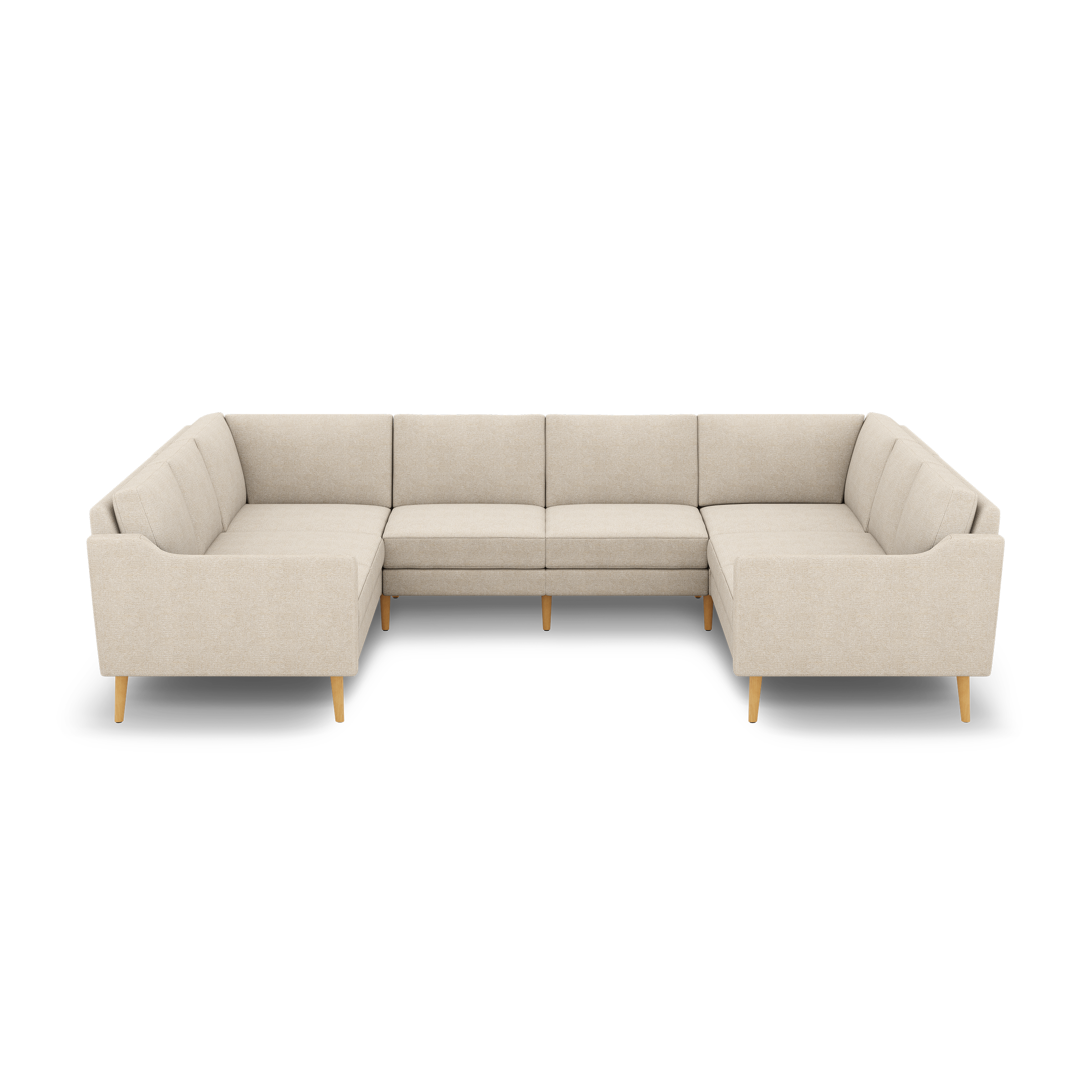 Beige upholstered modern U-shaped sectional sofa with wooden legs, featuring clean lines and cushioned backrests.