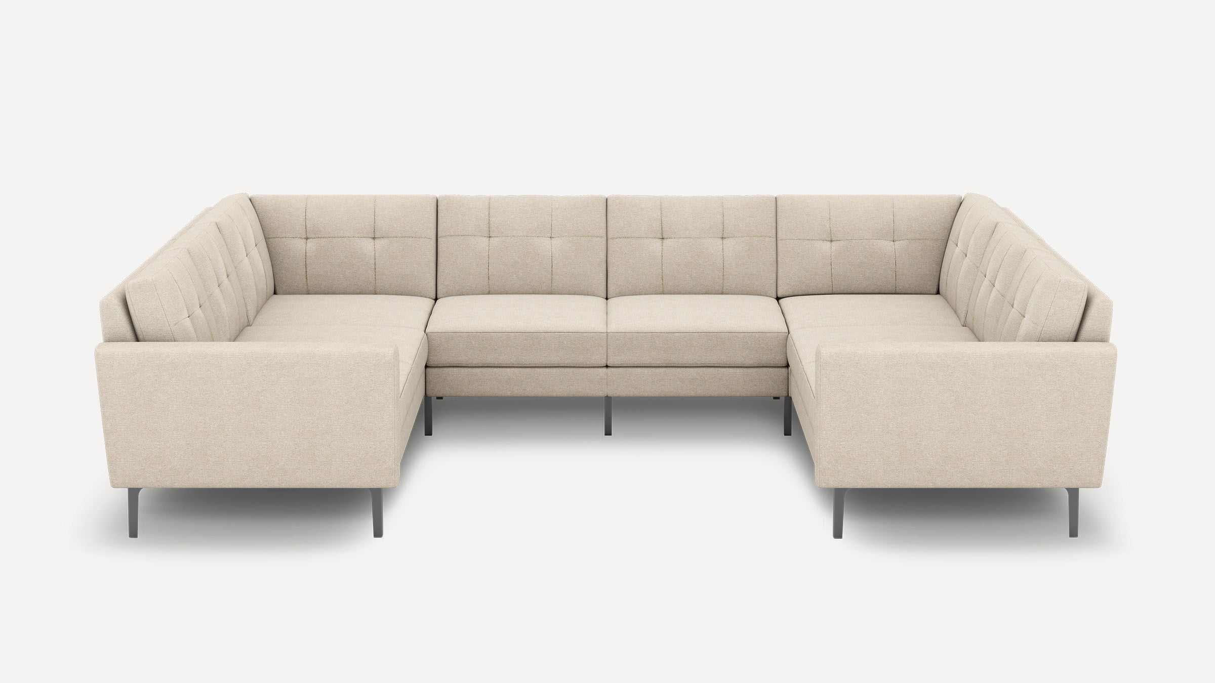 Beige modern U-shaped sectional sofa with tufted back cushions and sleek metal legs on a white background.