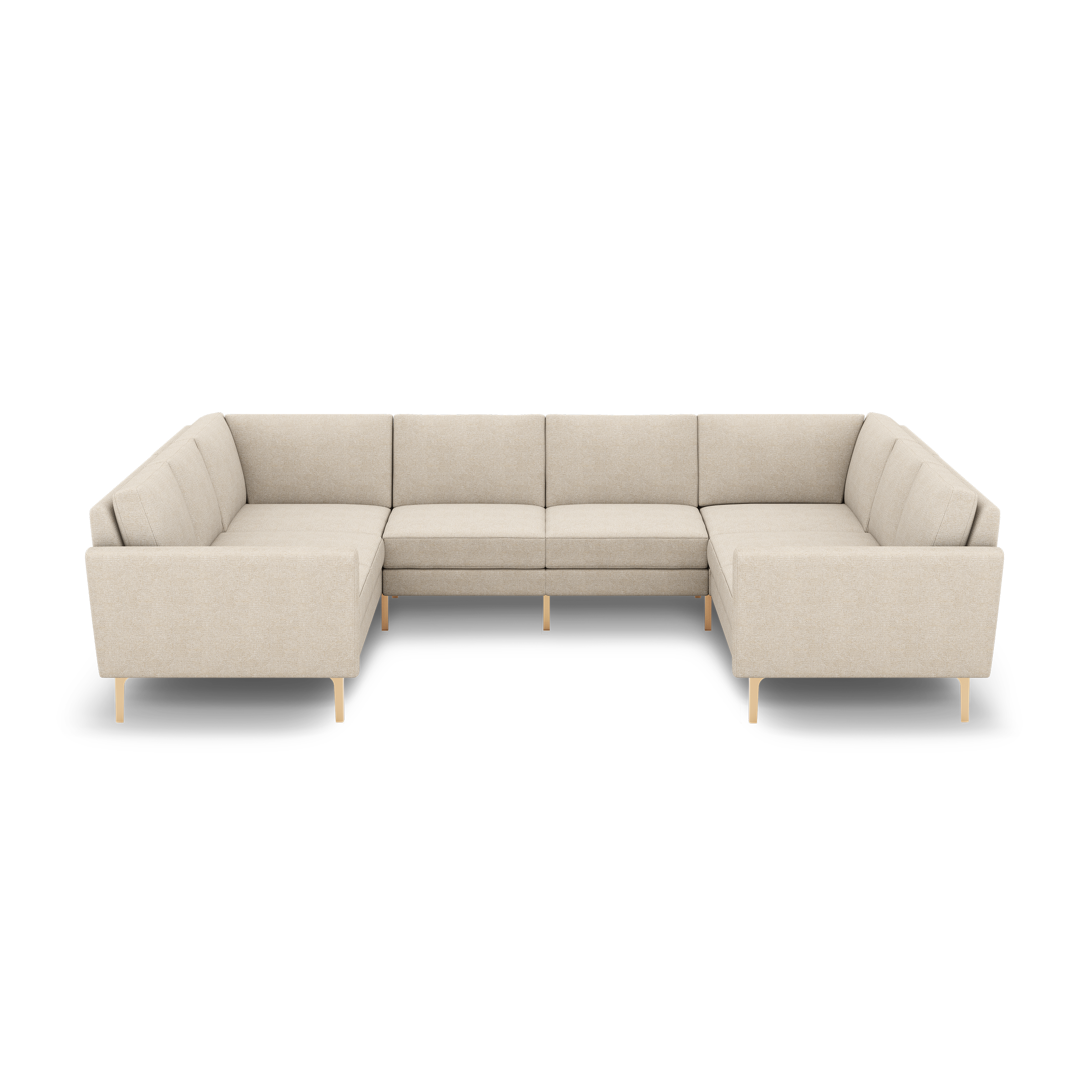 Beige U-shaped sectional sofa with clean lines, cushioned backrests, and wooden legs, designed for spacious seating.