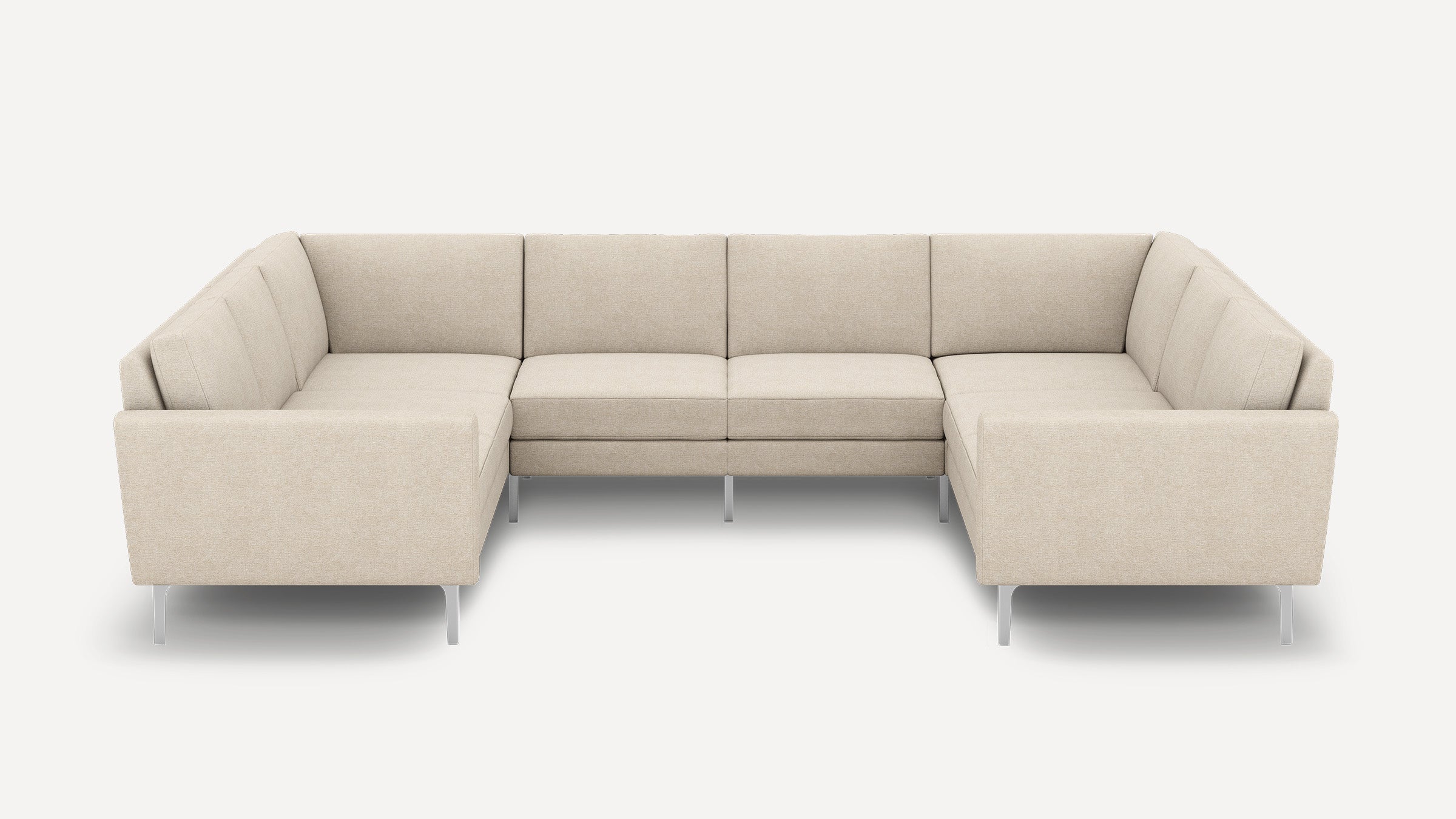 Modern beige fabric U-shaped sectional sofa with clean lines, cushioned seats, and metal legs on a white background.