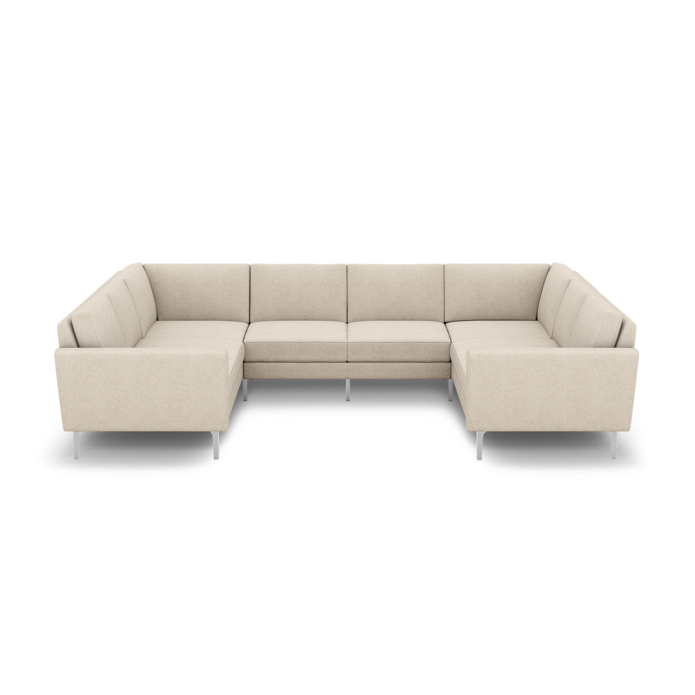 Beige fabric U-shaped sectional sofa with metal legs, featuring clean lines and cushioned backrests, ideal for modern living spaces.
