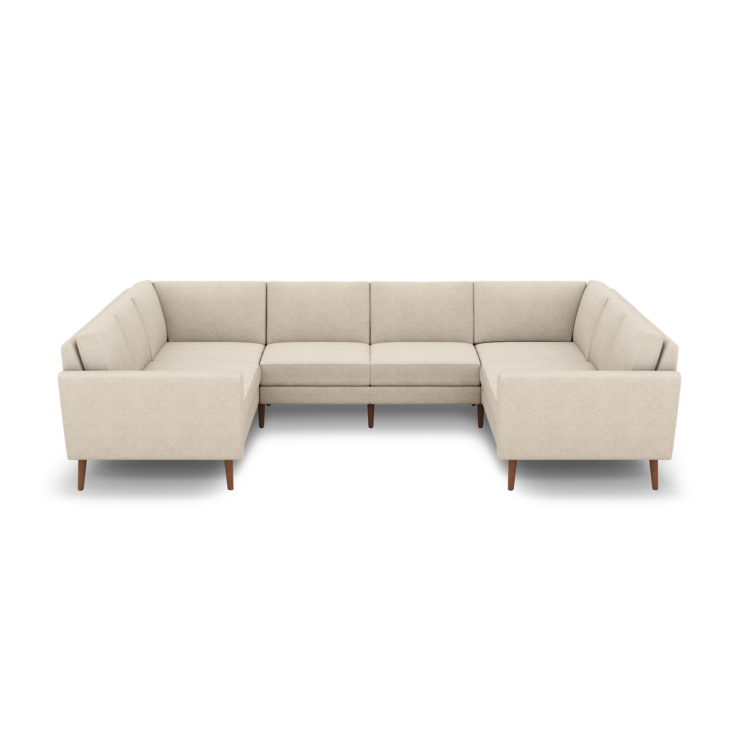 Beige U-shaped sectional sofa with clean lines, tufted cushions, and wooden legs, isolated on black background.