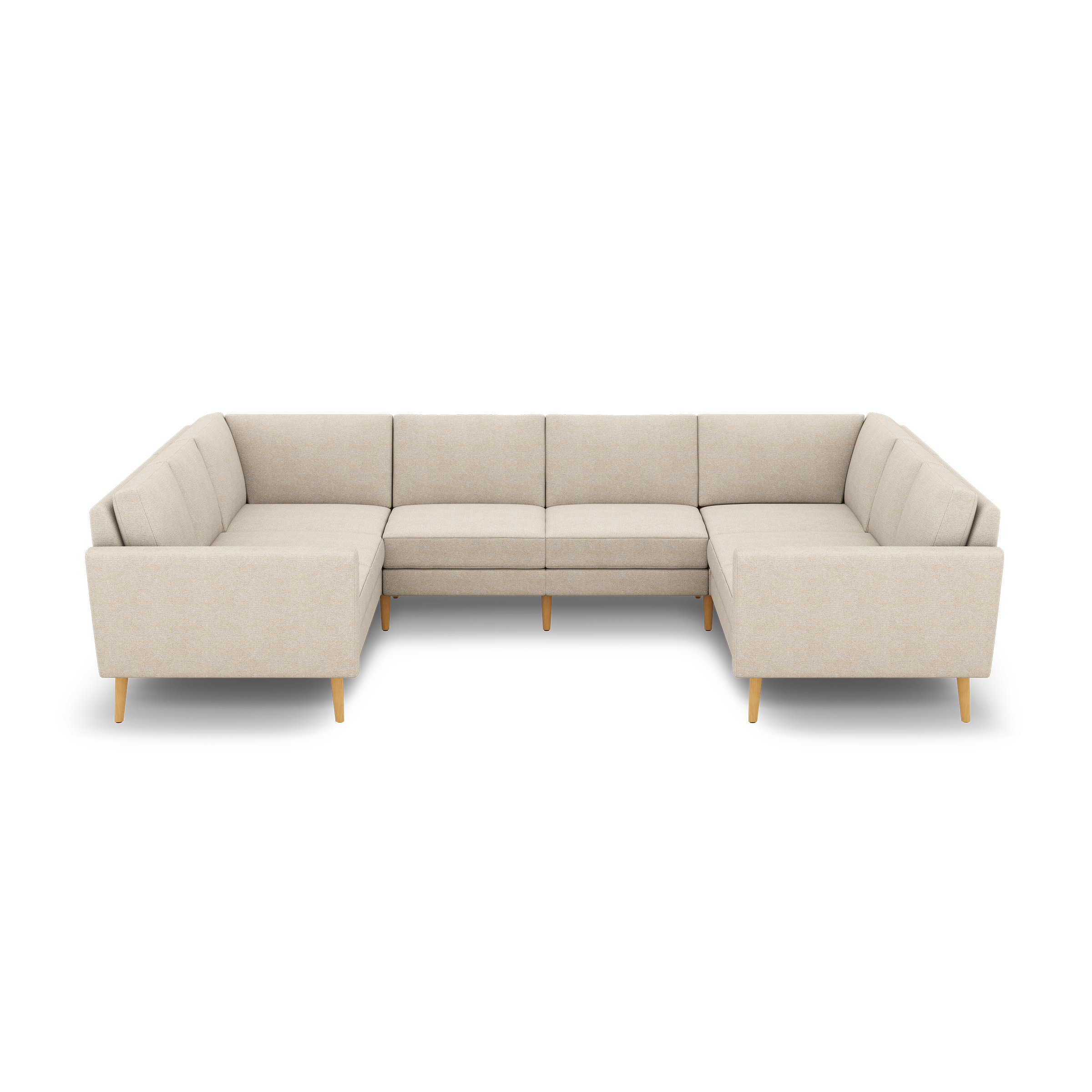 Beige upholstered U-shaped sectional sofa with wooden legs and modern clean-lined design, set against a black background.