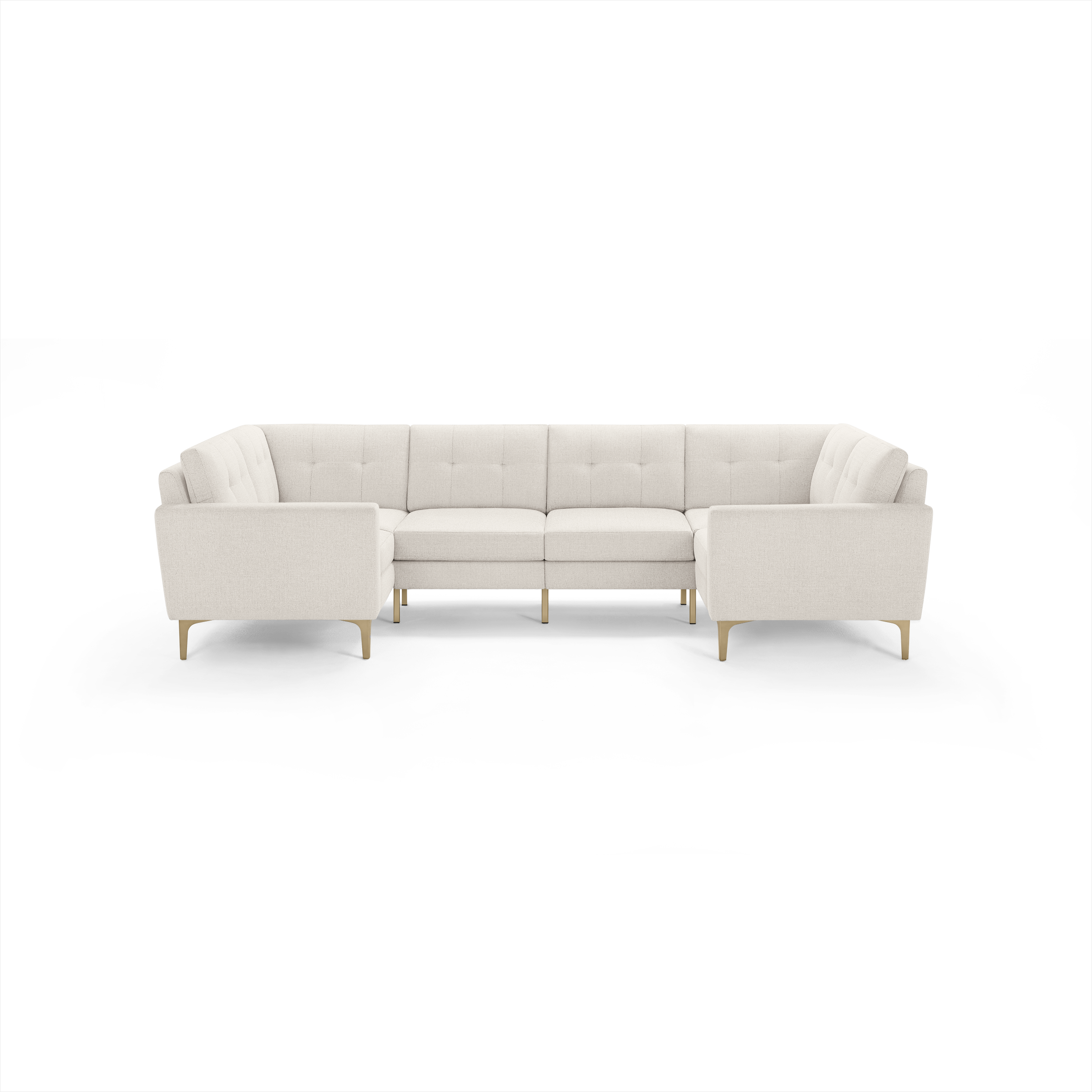 Light beige fabric U-shaped sectional sofa with tufted back cushions and wooden legs, designed for spacious seating.