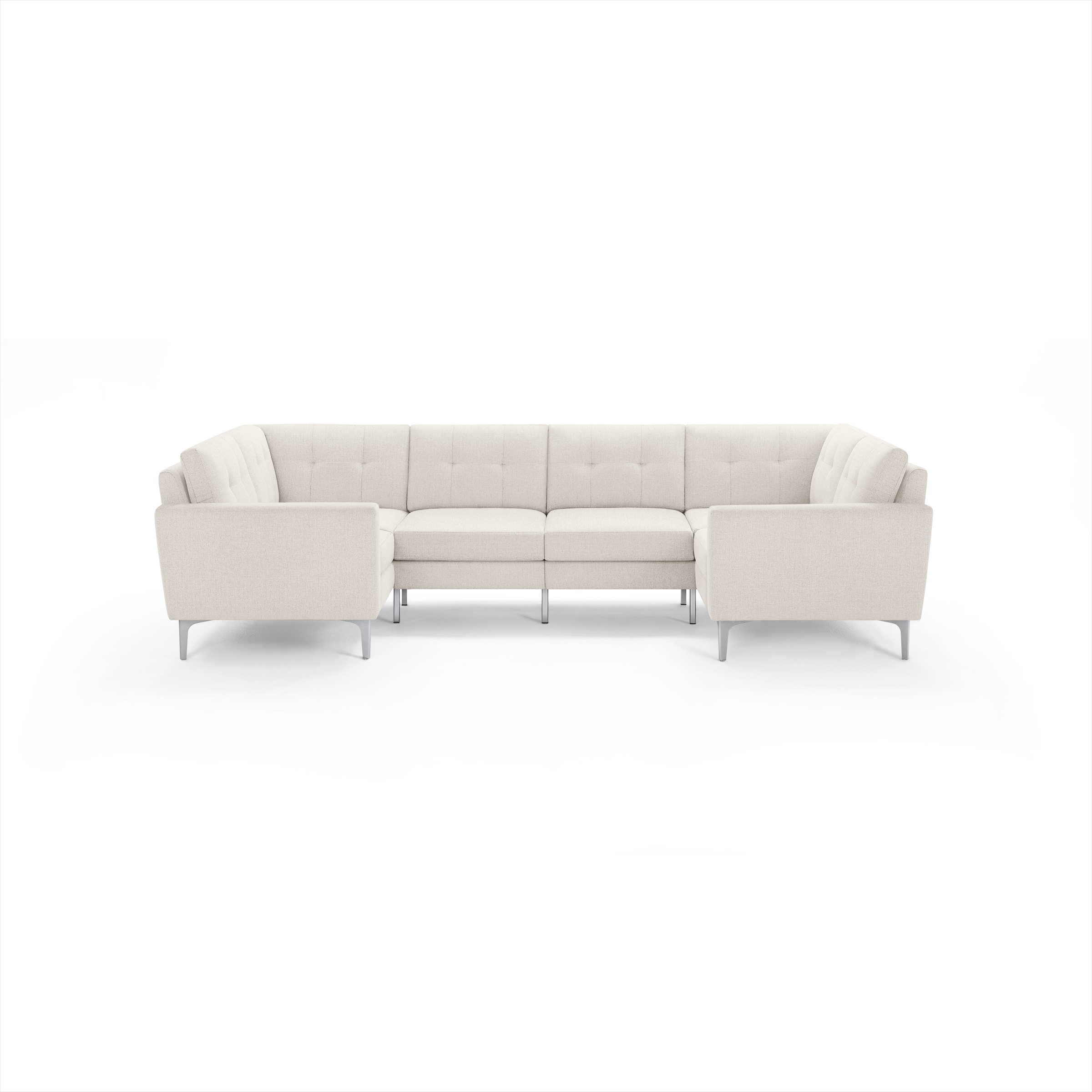 Modern beige fabric U-shaped sectional sofa with tufted cushions and slim metal legs, designed for spacious seating.
