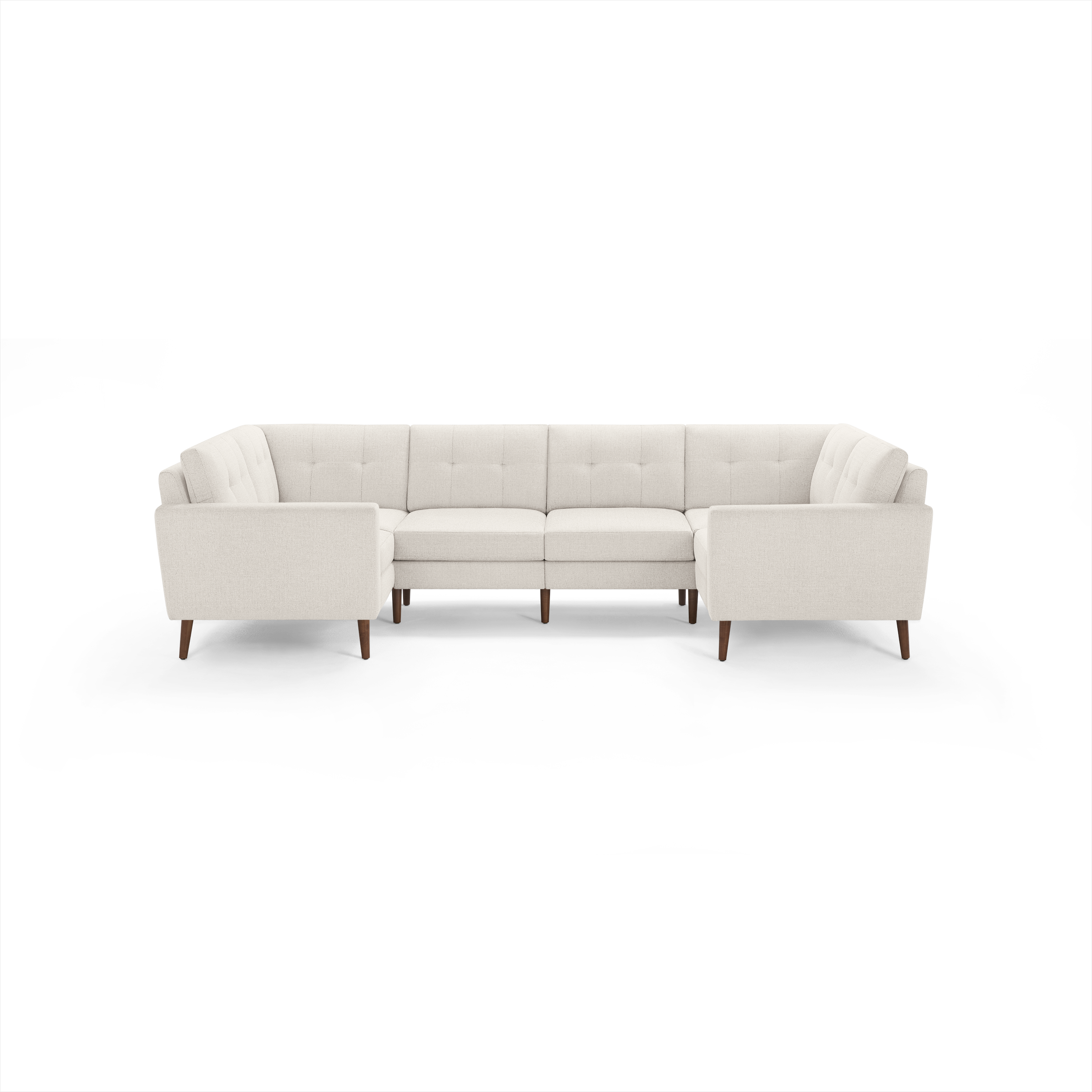 Cream beige upholstered sectional sofa with mid-century wooden legs and a modern tufted backrest design.
