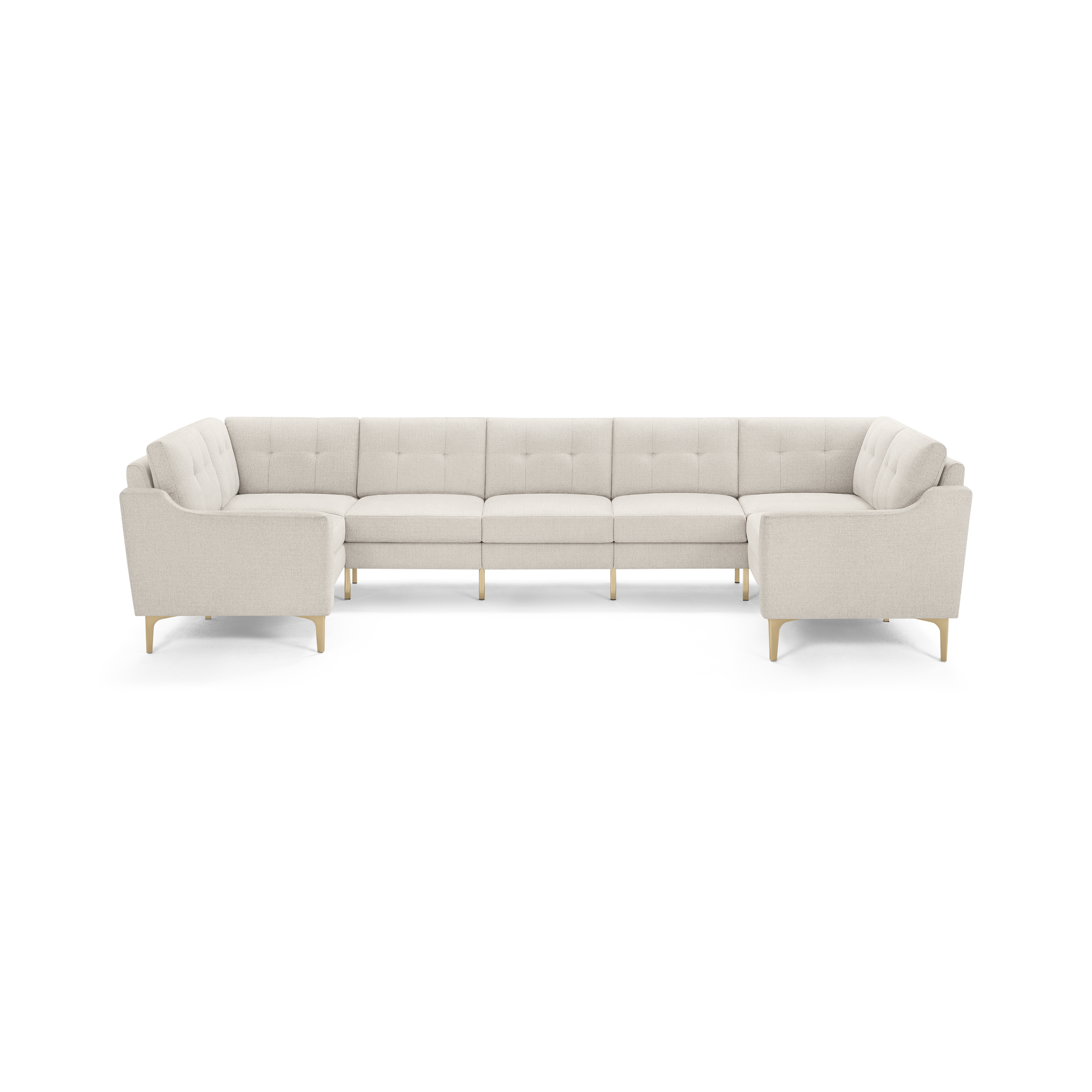 Large U-shaped beige sectional sofa with tufted back cushions and light wooden legs, designed for spacious seating.
