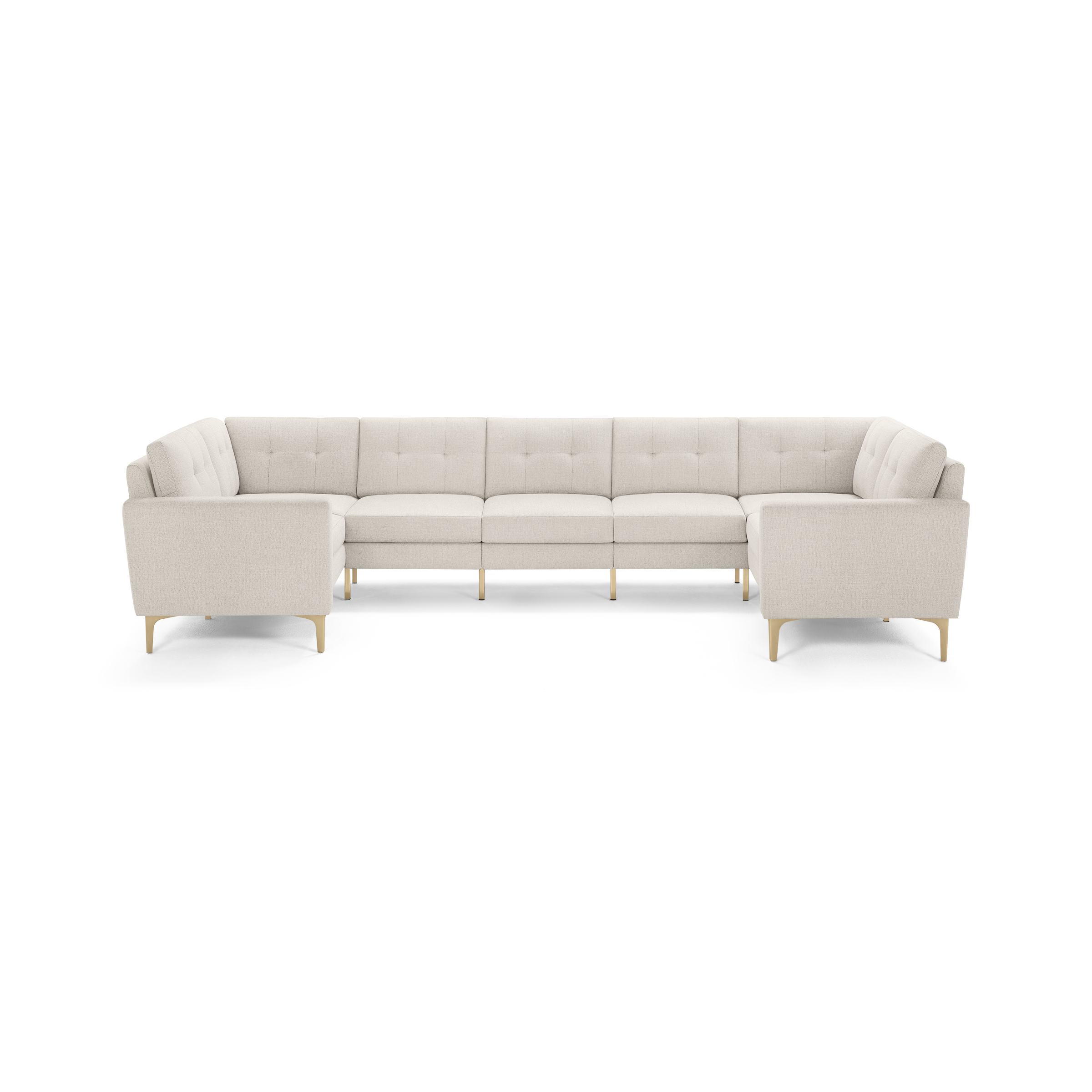 Beige modern U-shaped sectional sofa with tufted cushions and light wooden legs, designed for spacious seating.