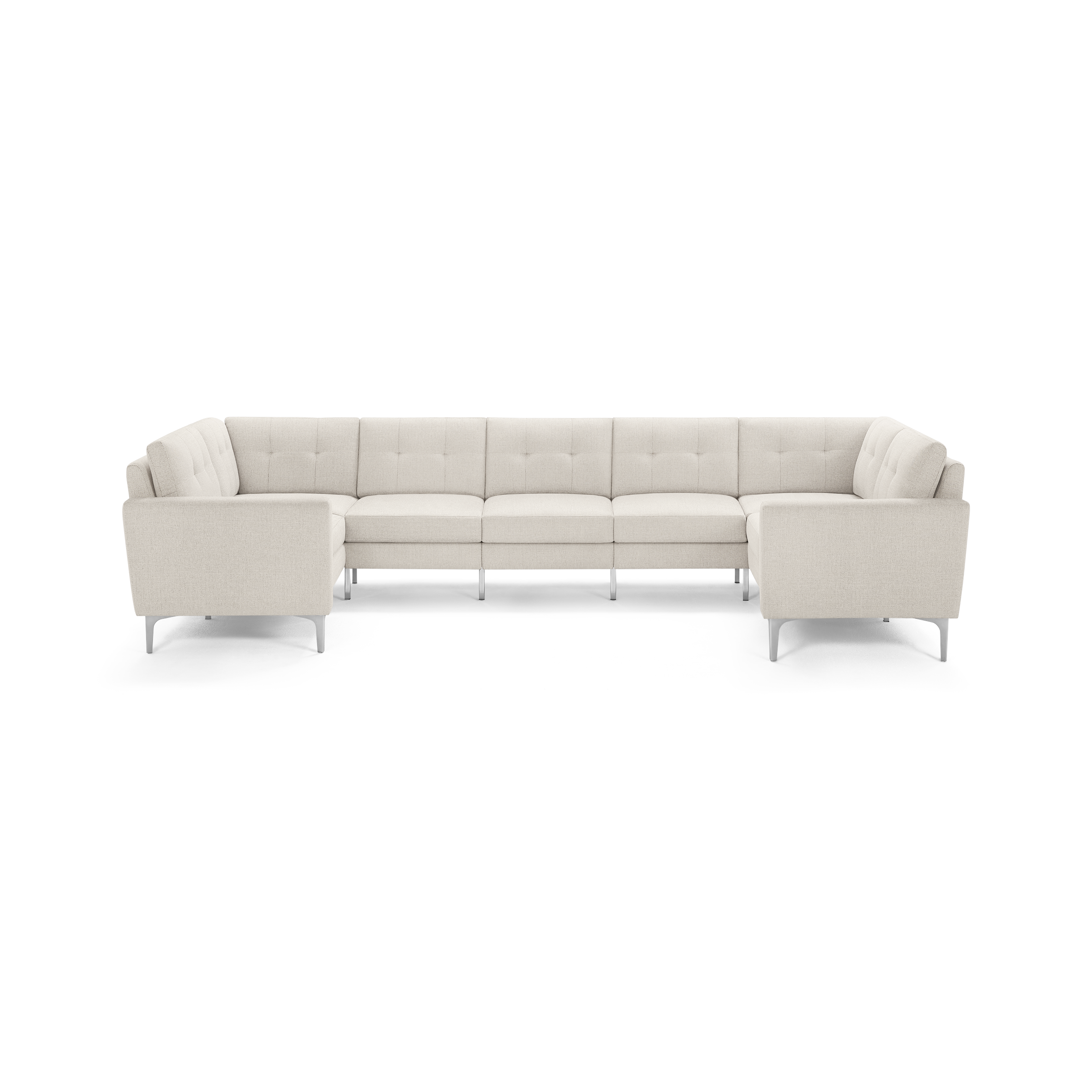 Beige fabric U-shaped sectional sofa with tufted cushions and slim metal legs, designed for spacious seating.